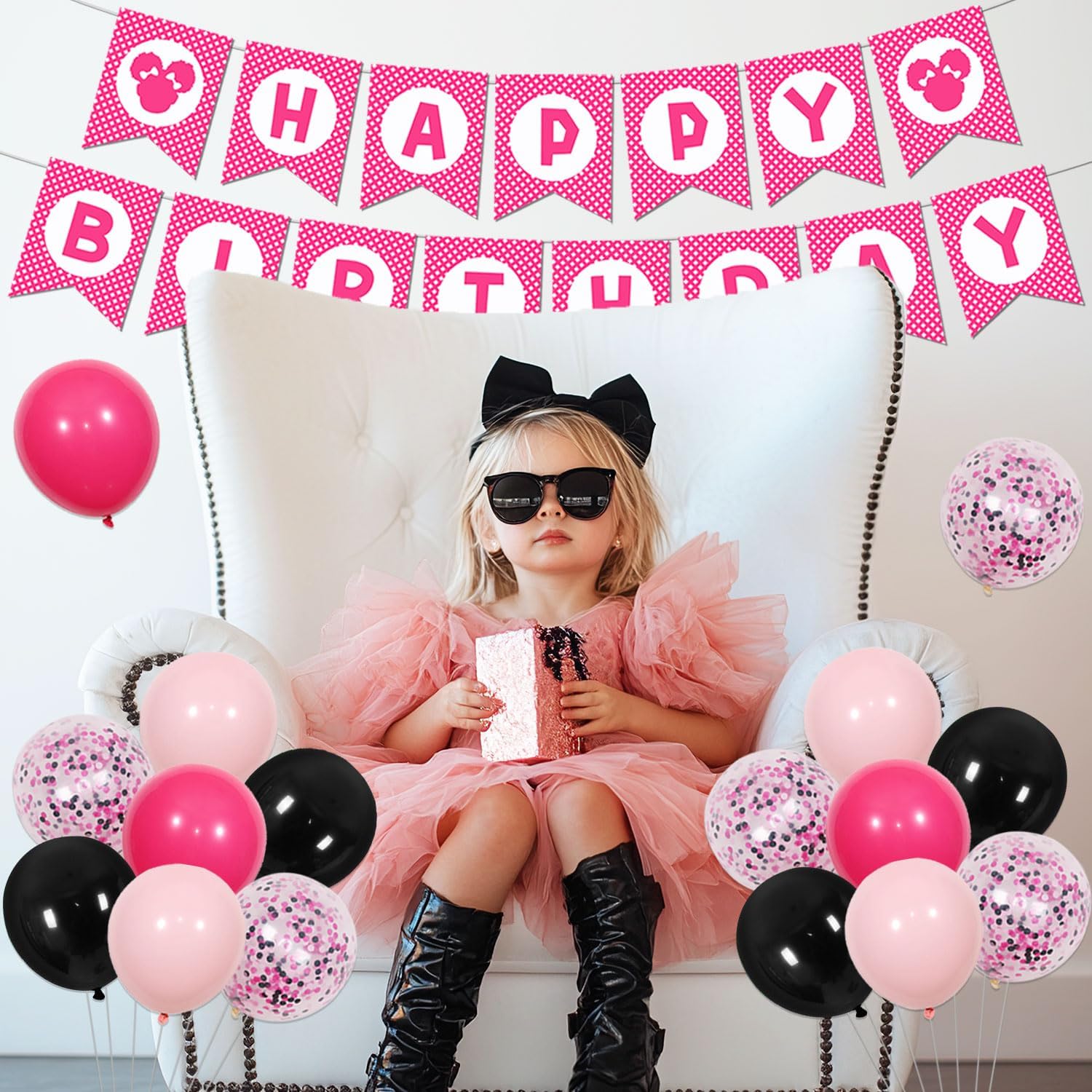 Boss-Themed 1st Birthday Decorations for Baby Girl: Hot Pink 'Happy Birthday' Banners, Backdrop, Cake Topper, Cupcake Toppers, Latex Balloons, High Chair Banner