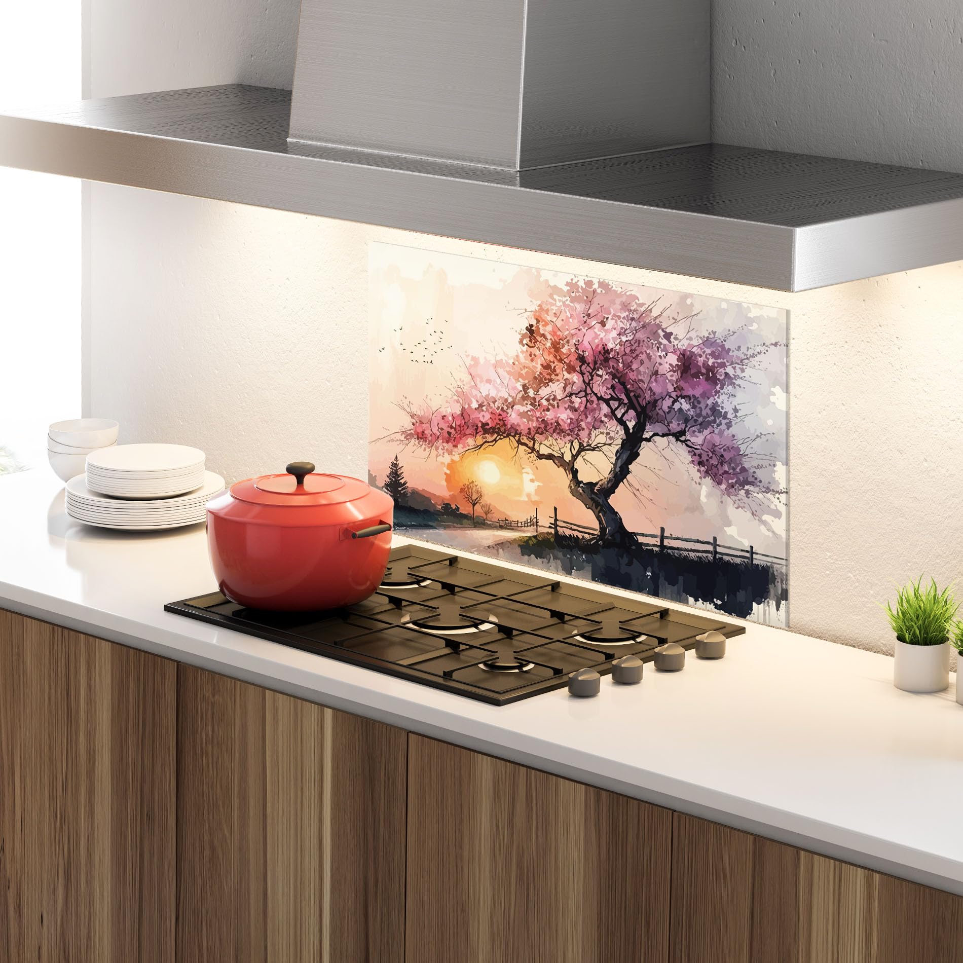 ARTHUB® Crédence de Cuisine en Verre 70x100 cm, Sunset Spring | Protection Contre Les éclaboussures, Revêtement Mural en Carreaux, Plaque en Verre, Verre trempé, Paysages, Printemps