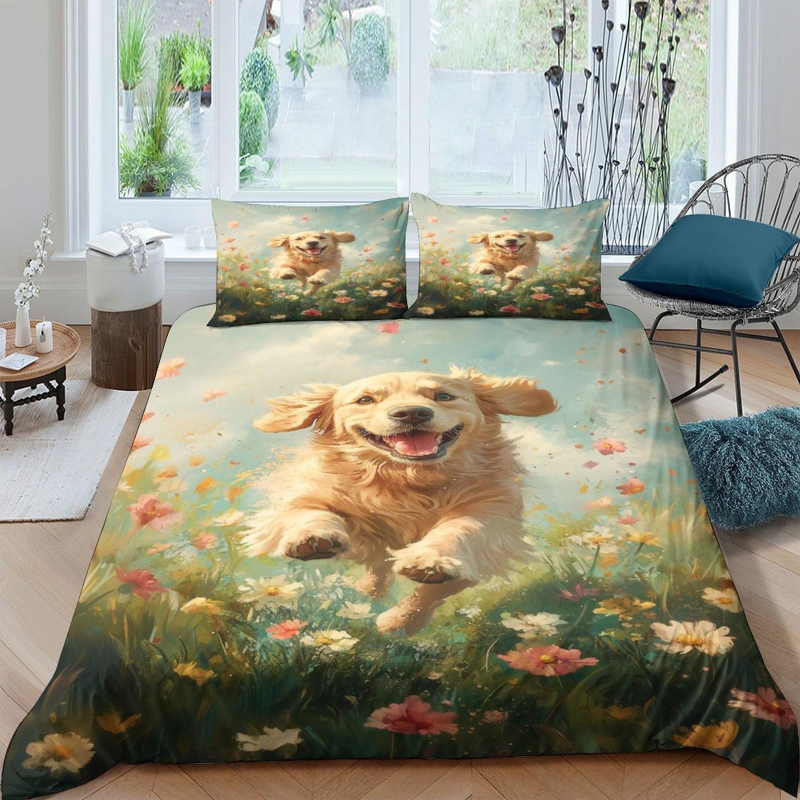Ctjqhvkz Style-3 3D Printed Golden Retriever Meadow Fitted Sheet Microfiber Soft Dog Bed Cover For Bedroom Guest Room Dorm Decor Single（135X200cm）