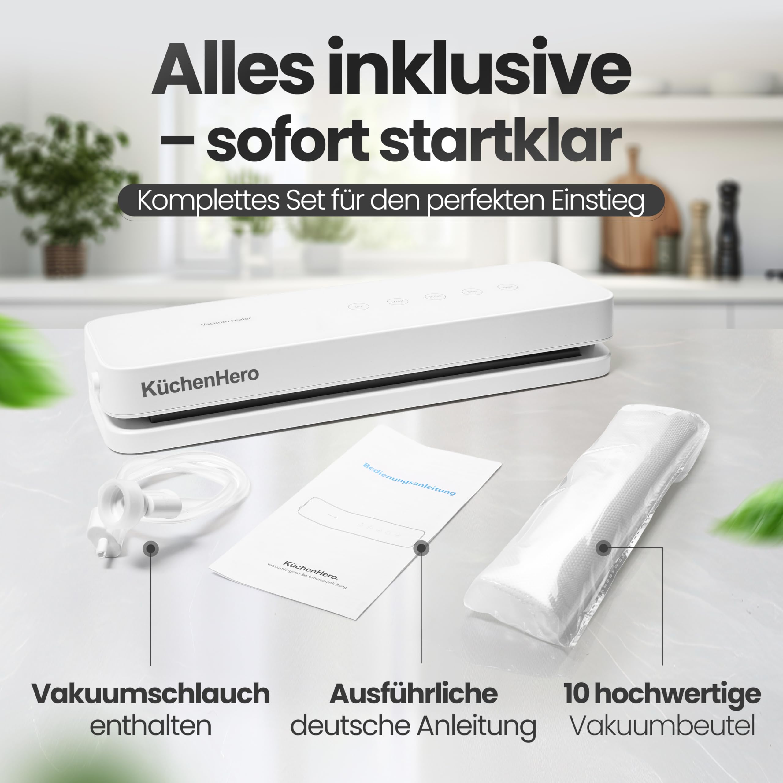 Vakuumierer mit Glasoberfläche & Touch – Premium Vakuumiergerät Weiß – Inkl. 10 Beutel & Schlauch – 5 Modi (Dry/Moist/Pulse) – Leises Folienschweißgerät für Sous Vide & Lebensmittel