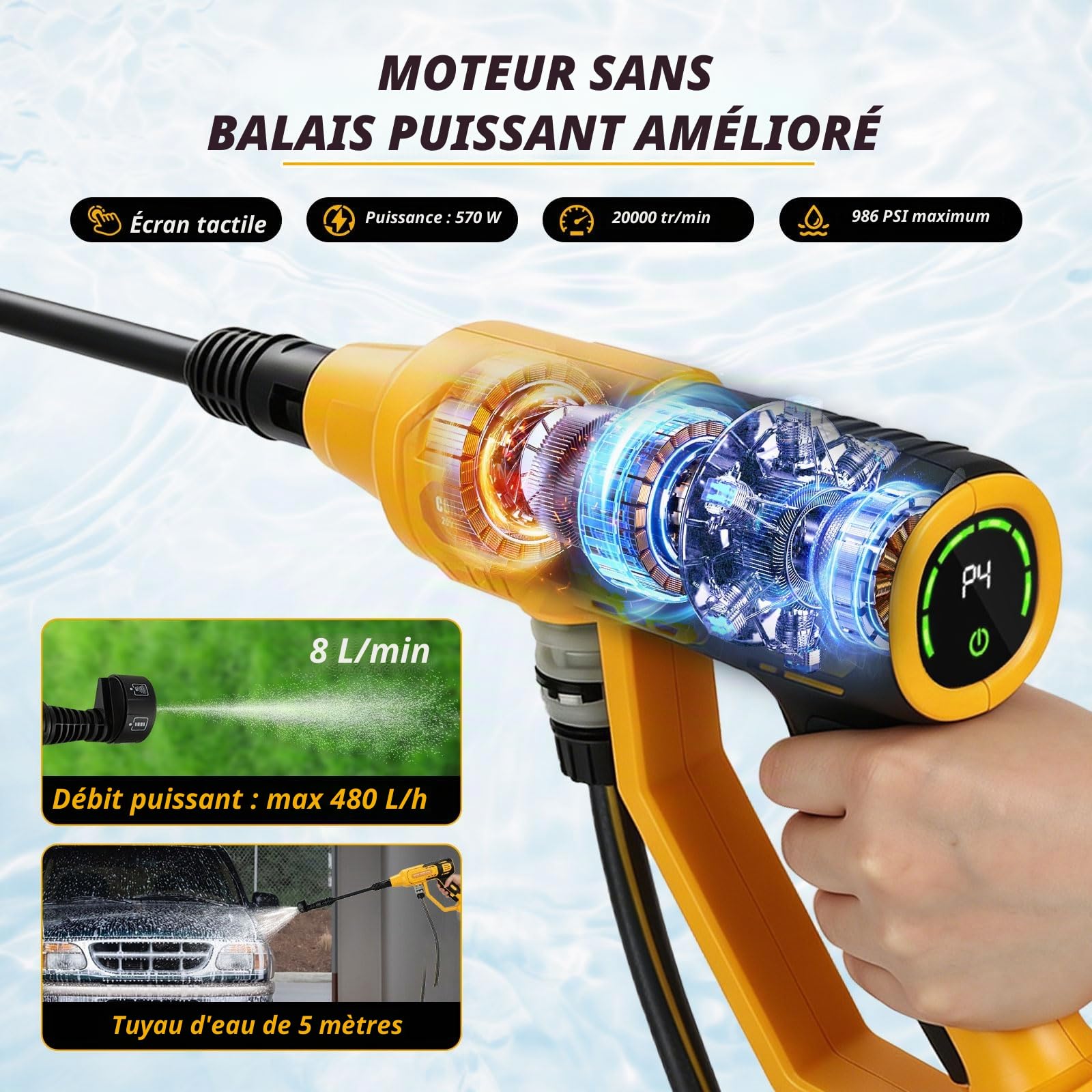 Nettoyeur haute pression sans fil compatible avec Dewalt 20 V, 20 000 tr/min, 986 psi, nettoyeur de voiture portable sans balais avec buse 6 en 1, 4 niveaux de vitesse pour nettoyer les sols de