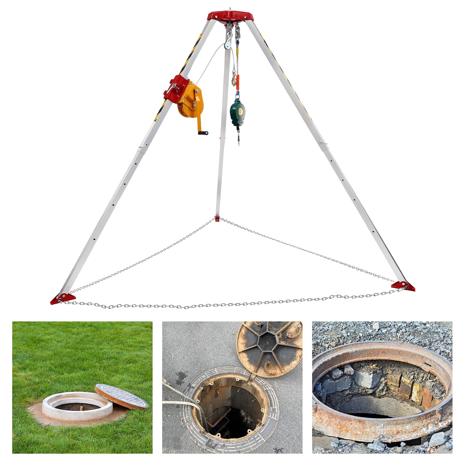 Confined Space Tripod Kit 1800LBS Winch, Confined Space Tripod 8' Legs and 65.62' Cable, Confined Space Rescue Tripod with Fall Arrester, Self-locking, Storage Bags, for Confined Space Rescue