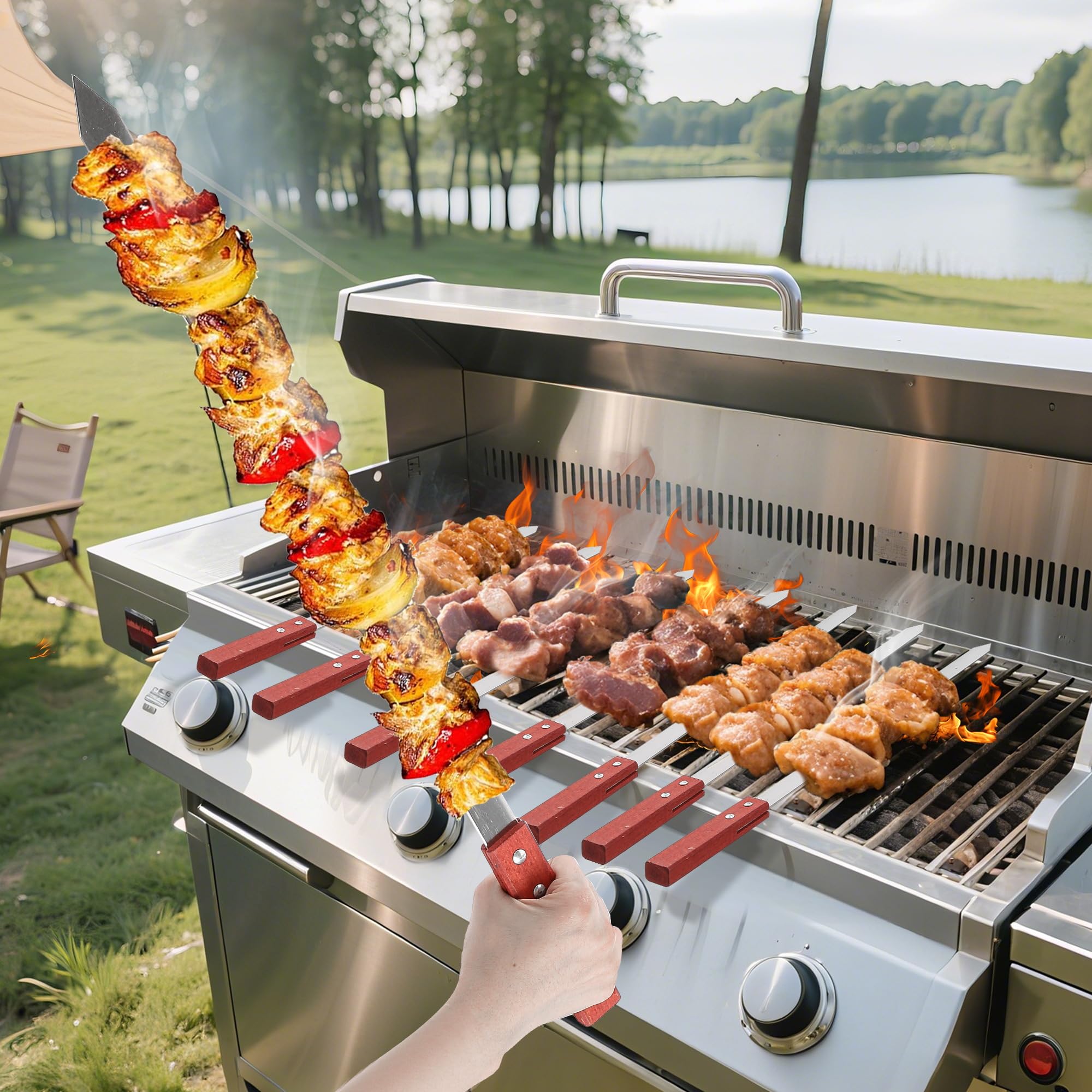 10 Stücke Flache Adana Spieße Edelstahl - 60cm Extra Lange Schaschlikspieße mit Holzgriffen & Schutzkappen - Wiederverwendbares Grillspieße Grillzubehör für Grillbesteck, Fleisch und Gemüse