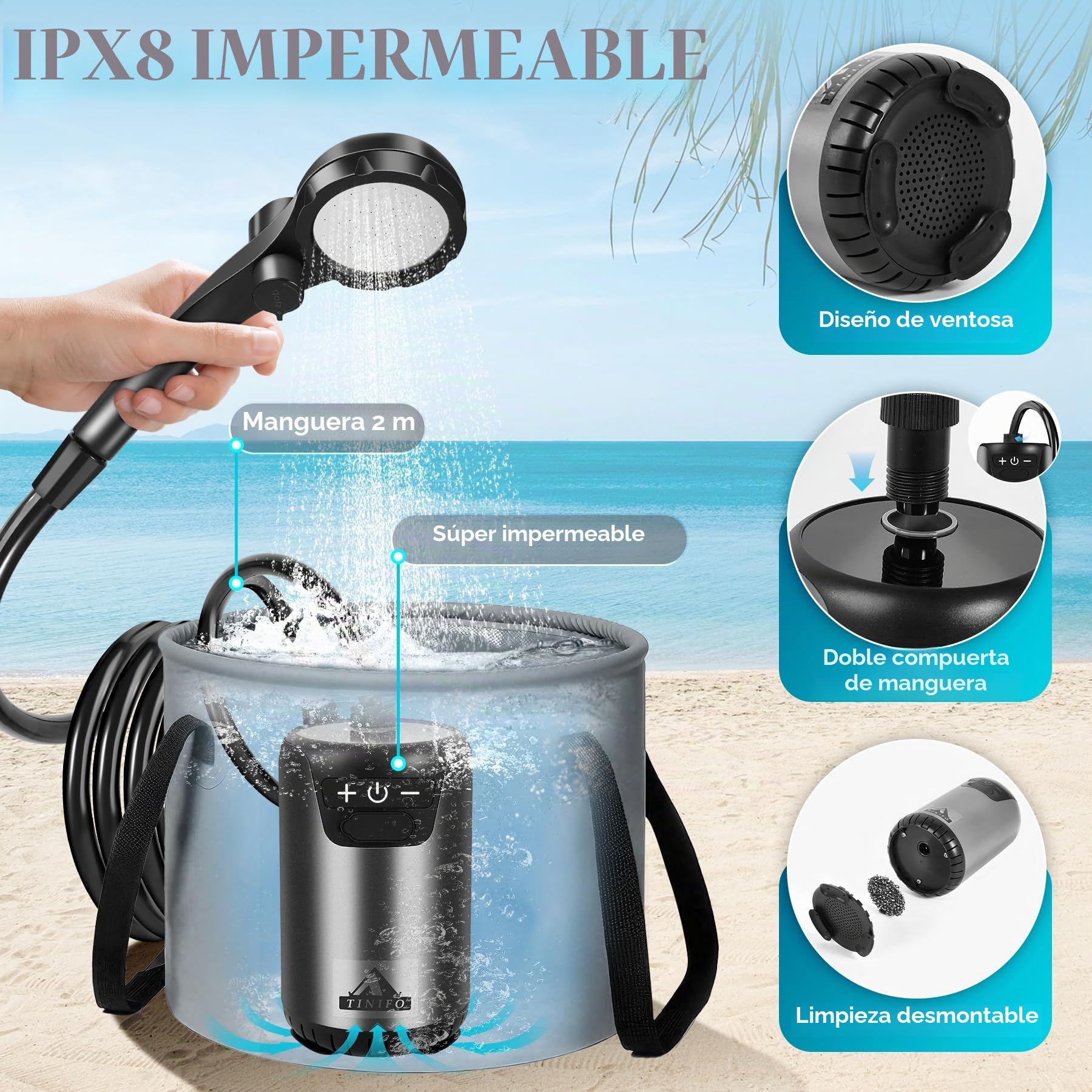 Ducha de camping con bomba, ducha portátil de camping con batería recargable de 8000 mAh, ducha móvil con indicador de temperatura, manguera de 2 m para camping, lavado de coche, ducha de