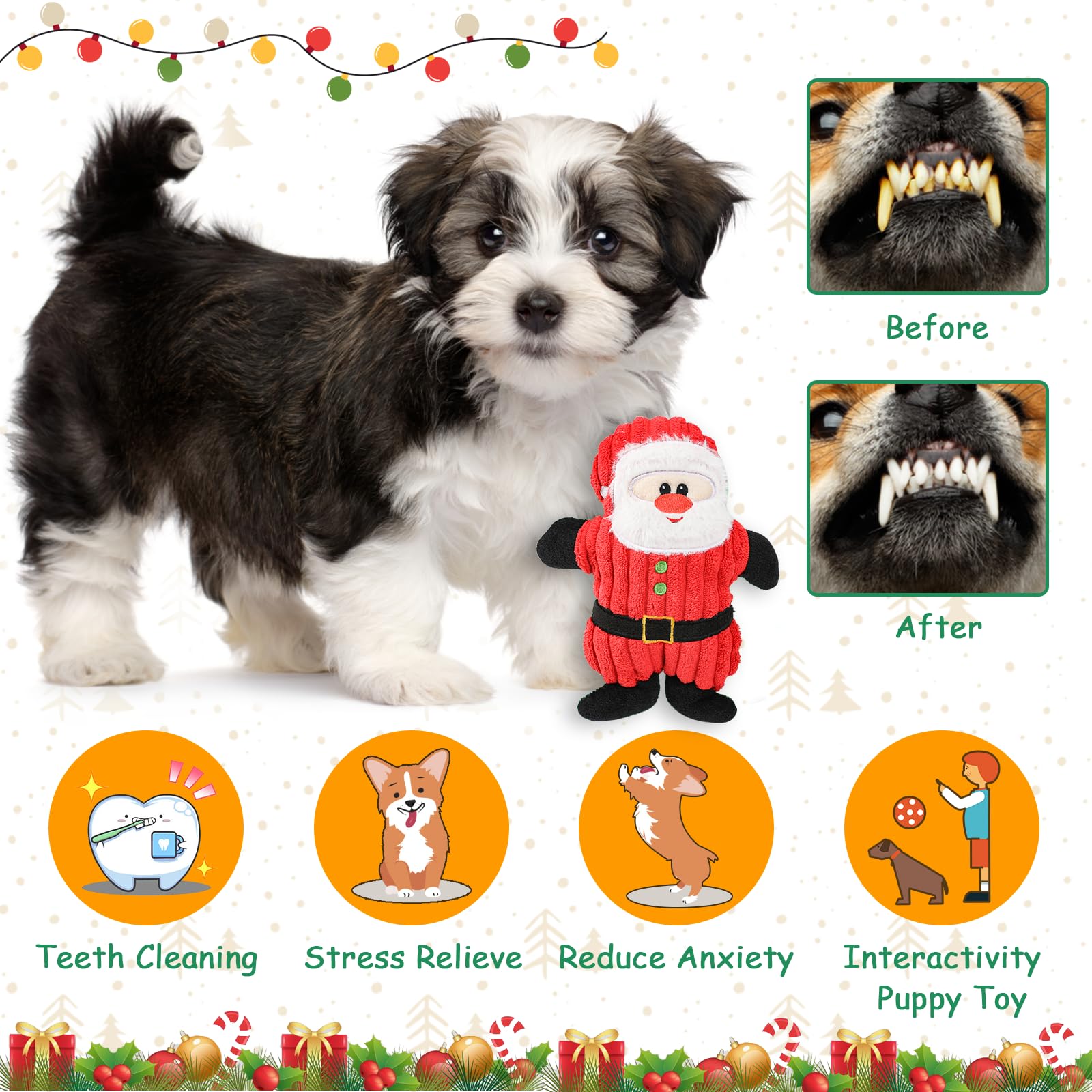 Christmas Dog Squeaky Toys - Tough Plush Crocodile With Santa Hat For Puppy, Small, Medium & Large Dogs - View #6