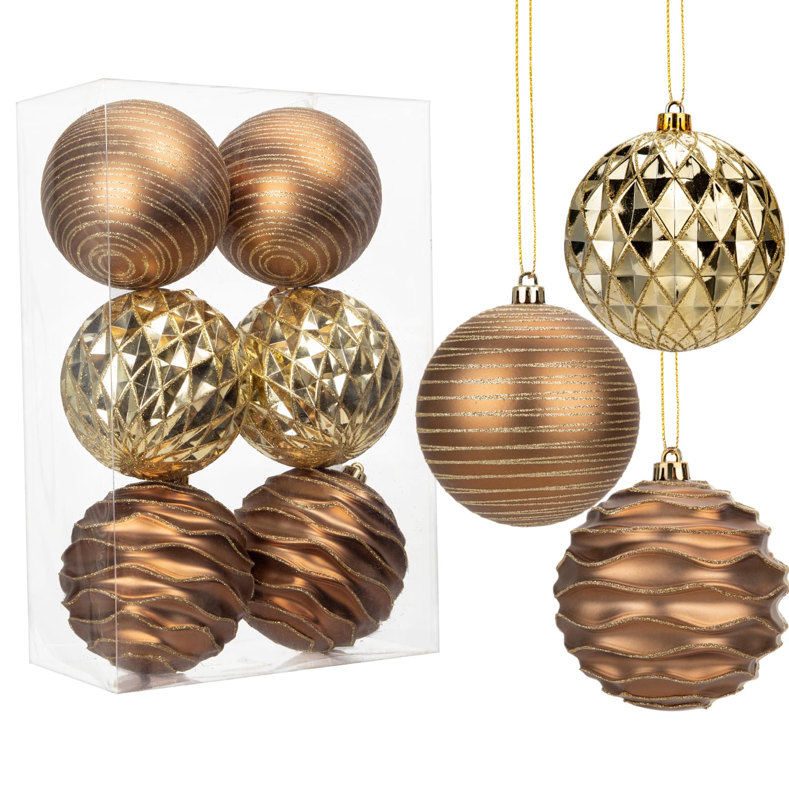 Hollyone Large Bronze & Gold Baubles, 6PCS Giant Xmas Balls for Tree Decorations