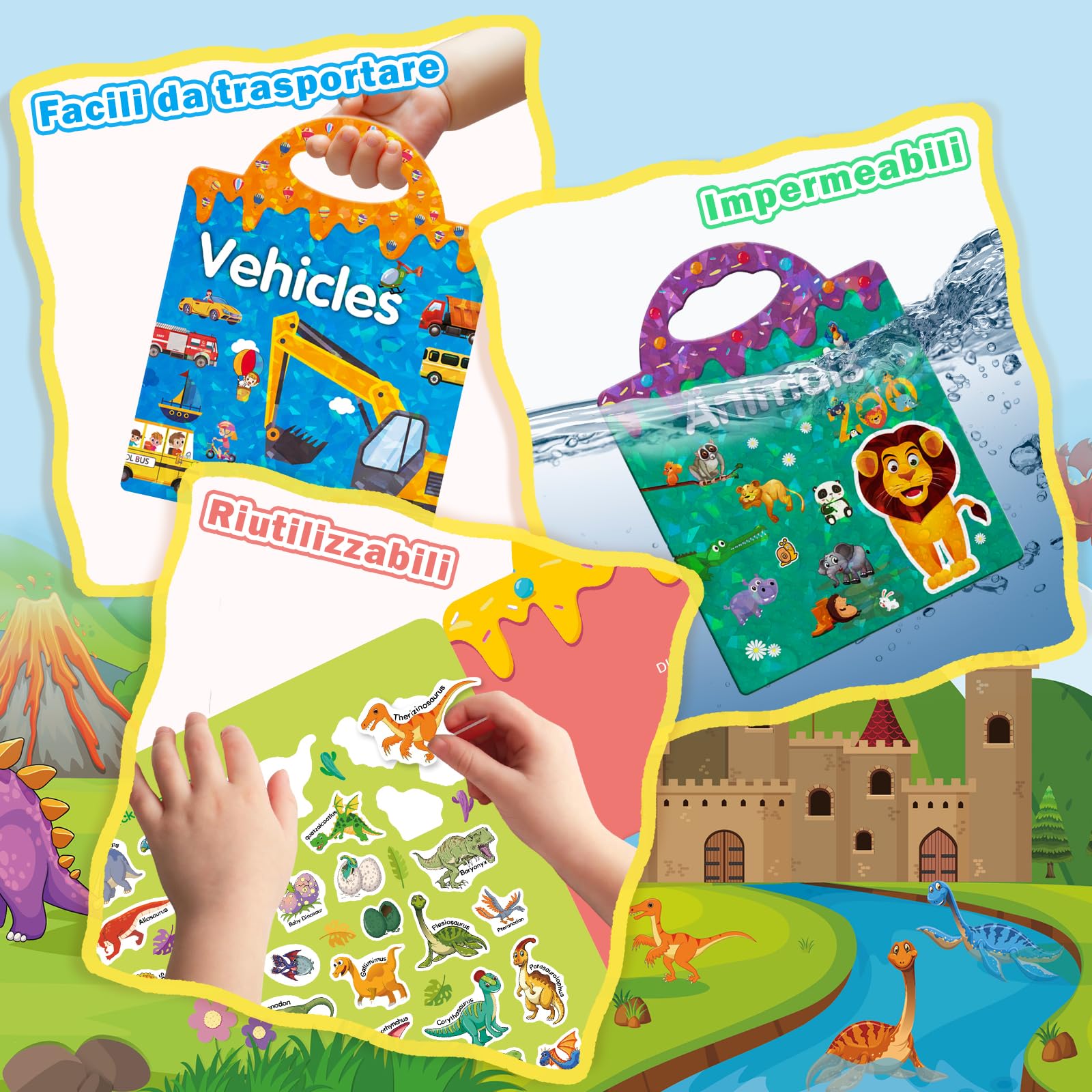 GUYUCOM Confezione da 4 libri adesivi riutilizzabili, giocattoli per bambini dai 2 ai 3 ai 4 anni per bambini, ragazzi e ragazze, giocattoli educativi, regali di compleanno