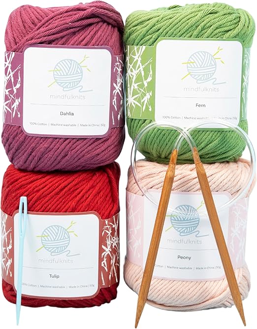 mindfulknits - Beginners Washcloth Knitting Kit - Includes 100% Cotton Knitting Yarn + Circular Knitting Needles & Yarn Needle (Flora Colored Cotton Yarn) - Mindful Crafting Kit