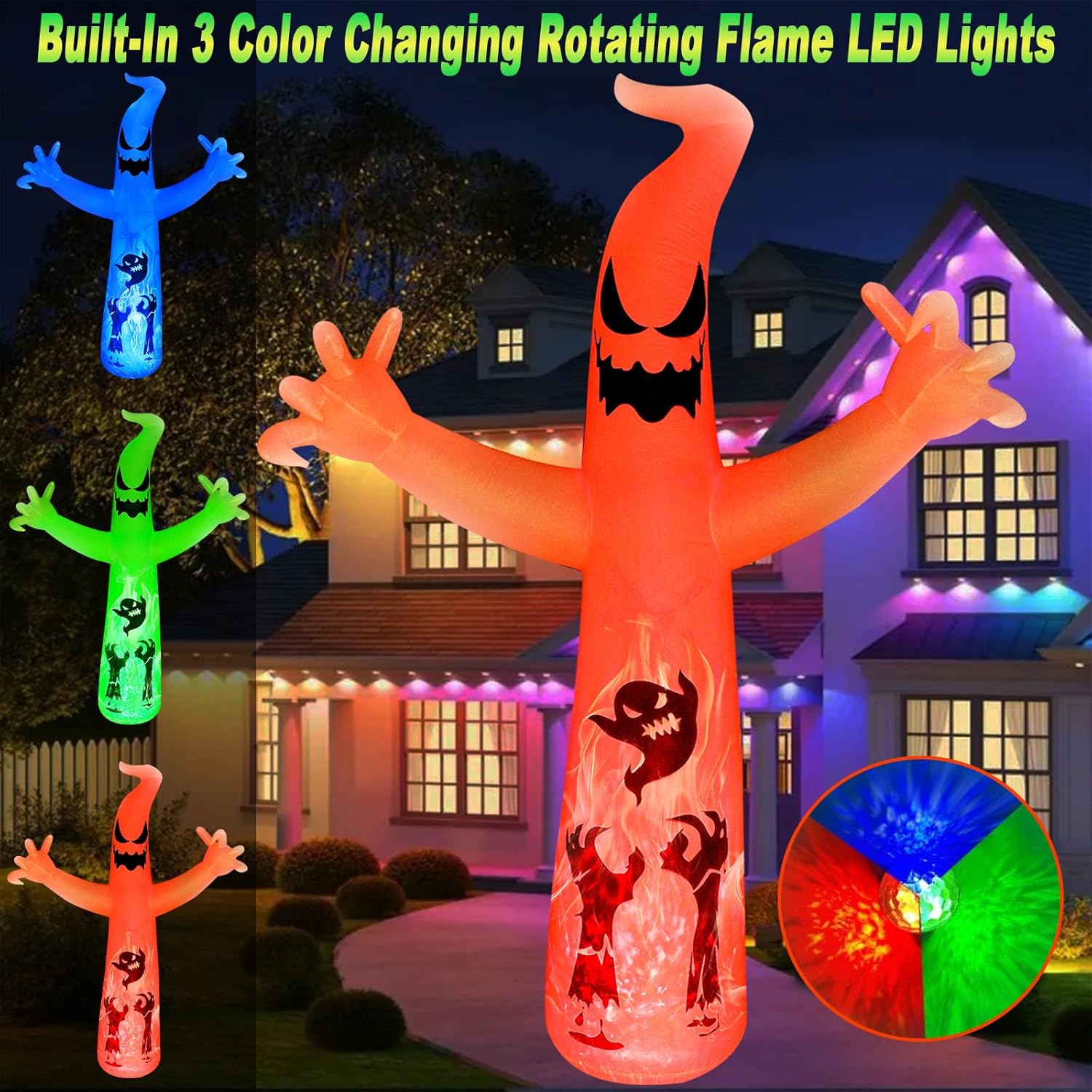 12 FT Giant Halloween Inflatables Ghost Outdoor Decorations, Blow Up Ghost with Color-Changing Flame LED Lights – Scary Halloween Decoration for Lawn Yard Decor