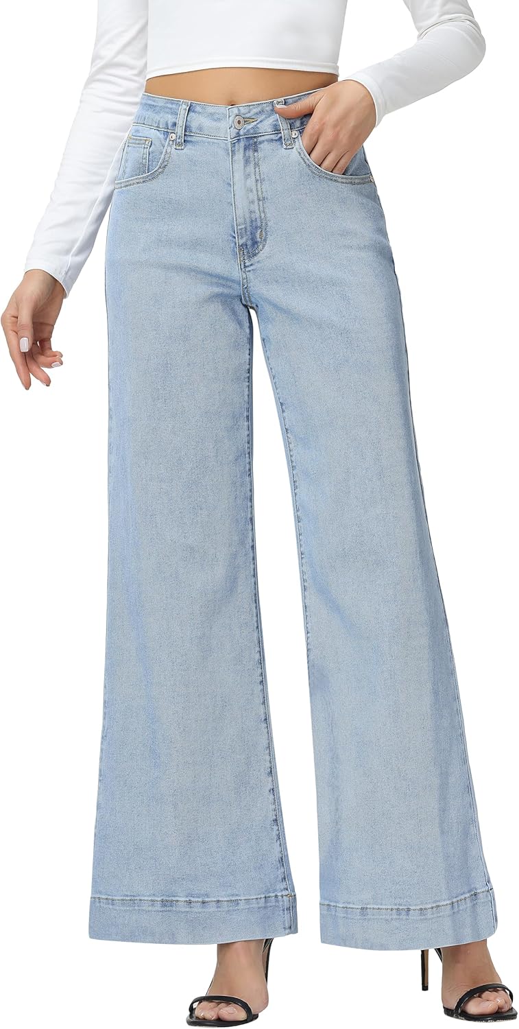 V VOCNI Wide Leg Jeans for Women Casual High Waisted Stretchy Baggy Loose Trendy Flare Denim Pants