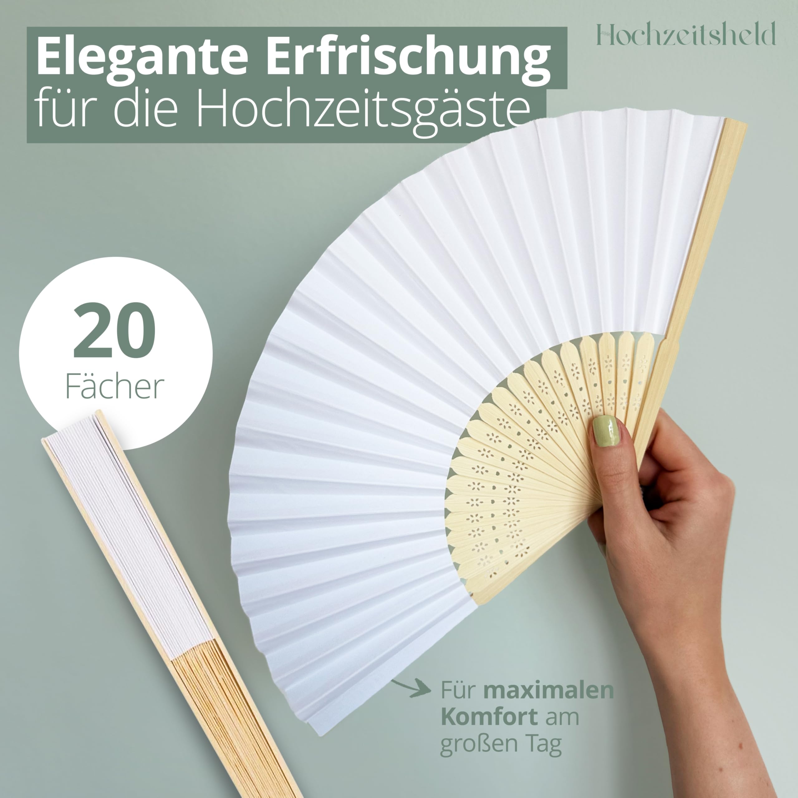 HOCHZEITSHELD Bambus Fächer Hochzeit 20 Stück - Elegante Handfächer als Hochzeitsdeko & Standesamt Deko