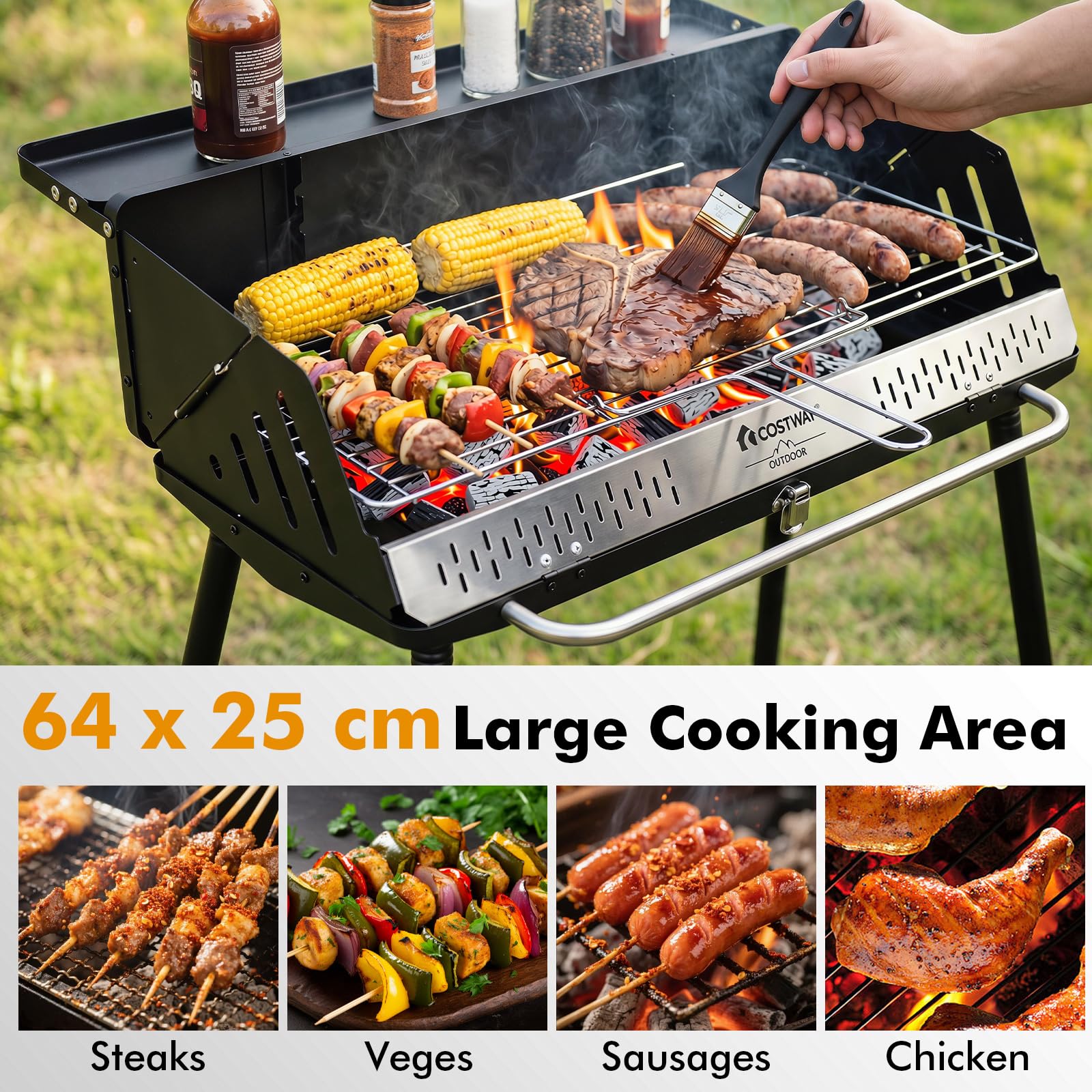 COSTWAY Barbecue Carbonella, Barbecue Pieghevole con Griglia Regolabile in Altezza, Paravento Laterali, Gambe Smontabili, Pinza per Carbone e Borsa Portatile per Campeggio e Picnic