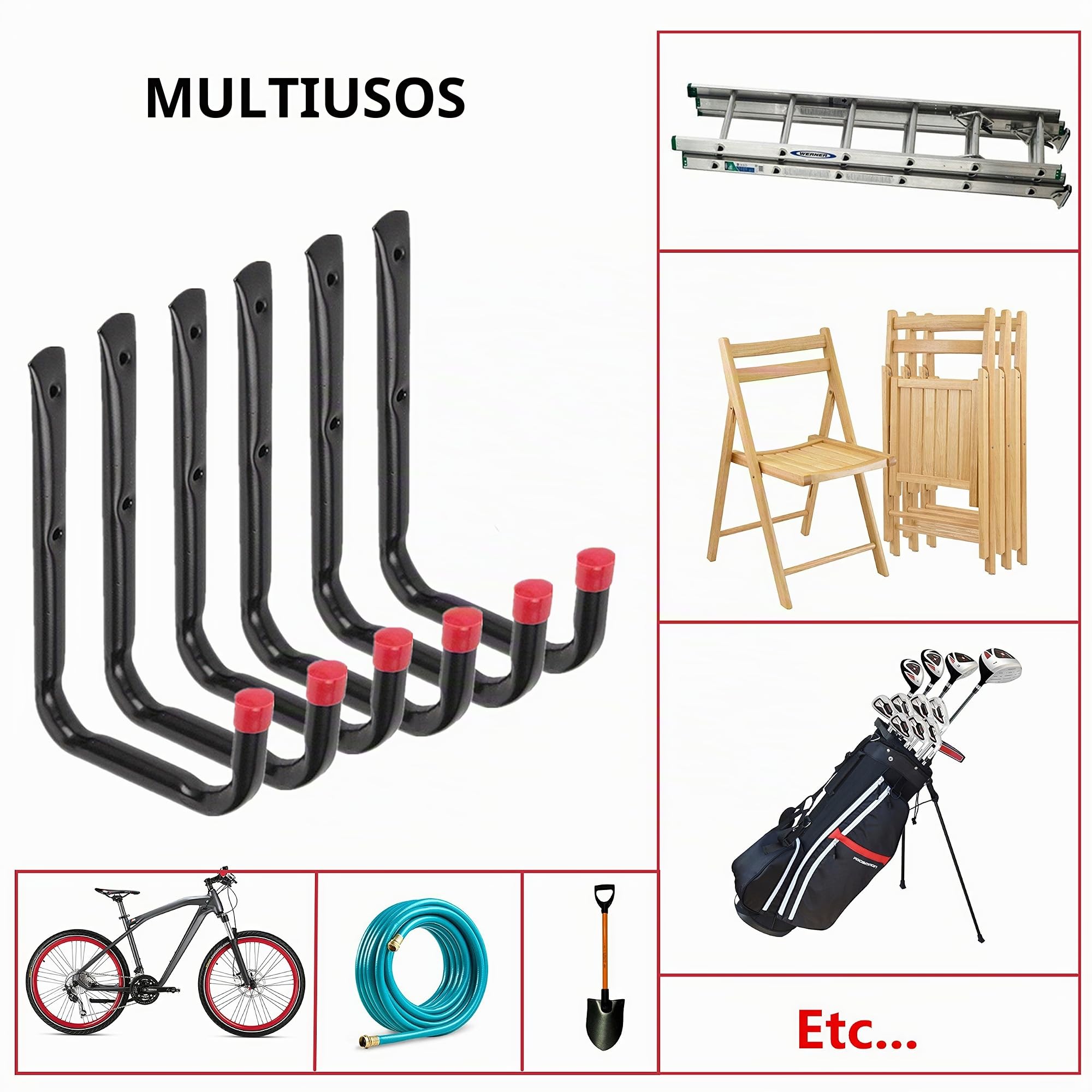 Ganchos para uso general de almacenamiento en el garaje, organizador de perchas en U para montar en la pared, silla, escaleras, manguera (6 piezas 5.7 "medio J gancho)