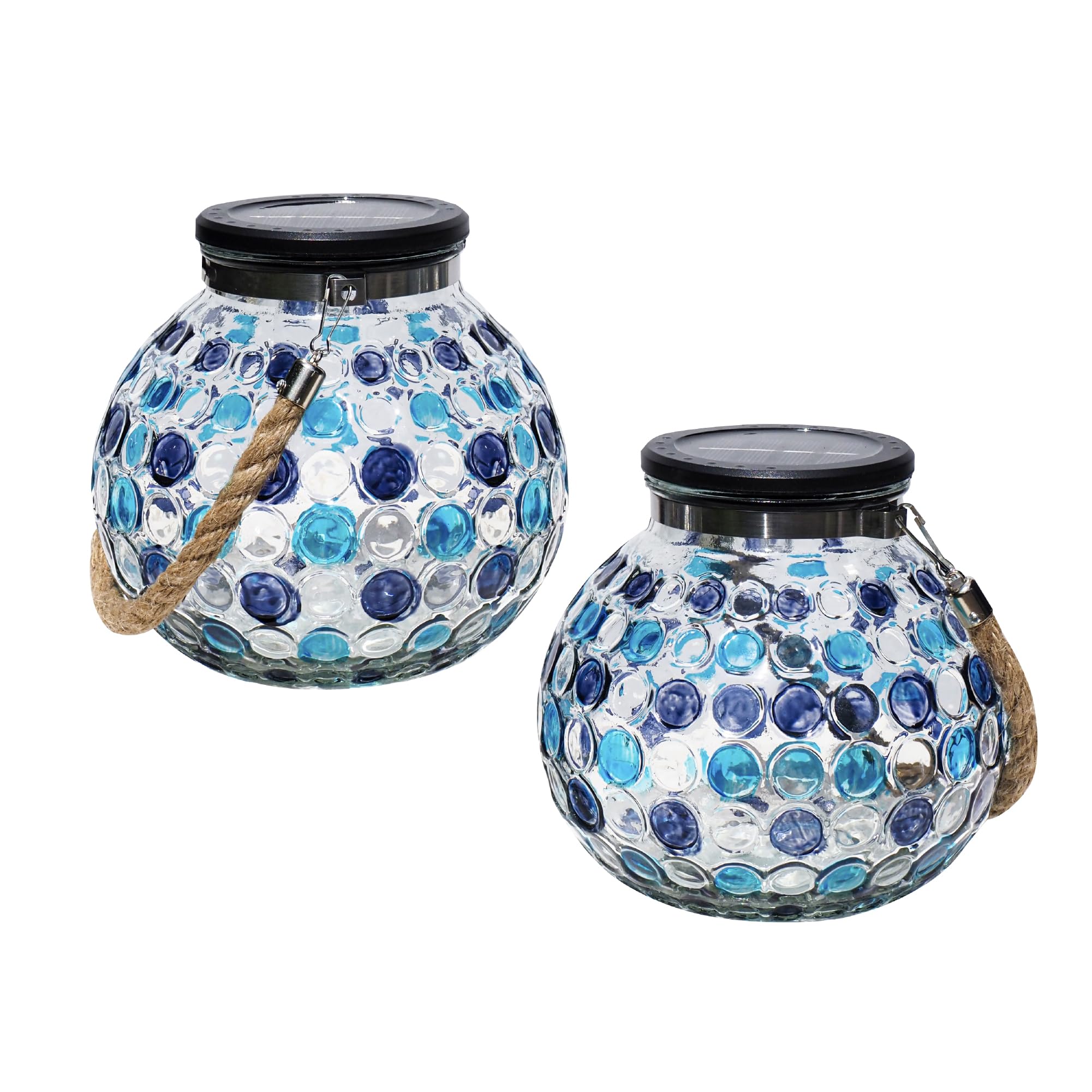 Gadgy ® Set 2 Lanterne Solari in Vetro a Mosaico Effetto Blu o Rosso | Lampada Solare LED da Esterno/Interno Sensore Crepuscolare | Pannello Solare e Batteria Inclusi (Blue)