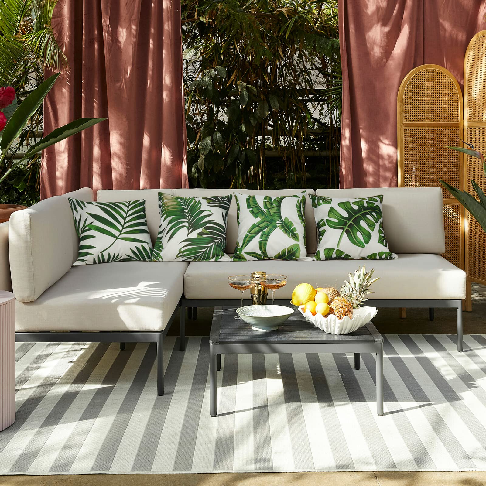 Joymaison Housse Coussin 45x45 Lot De 4 Feuilles Tropicales Jungle Taie D' Oreiller Banane Doré Feuilles Palmier Vertes Été Housse D'oreiller Pour Coussins Canapé Housses Home Décor