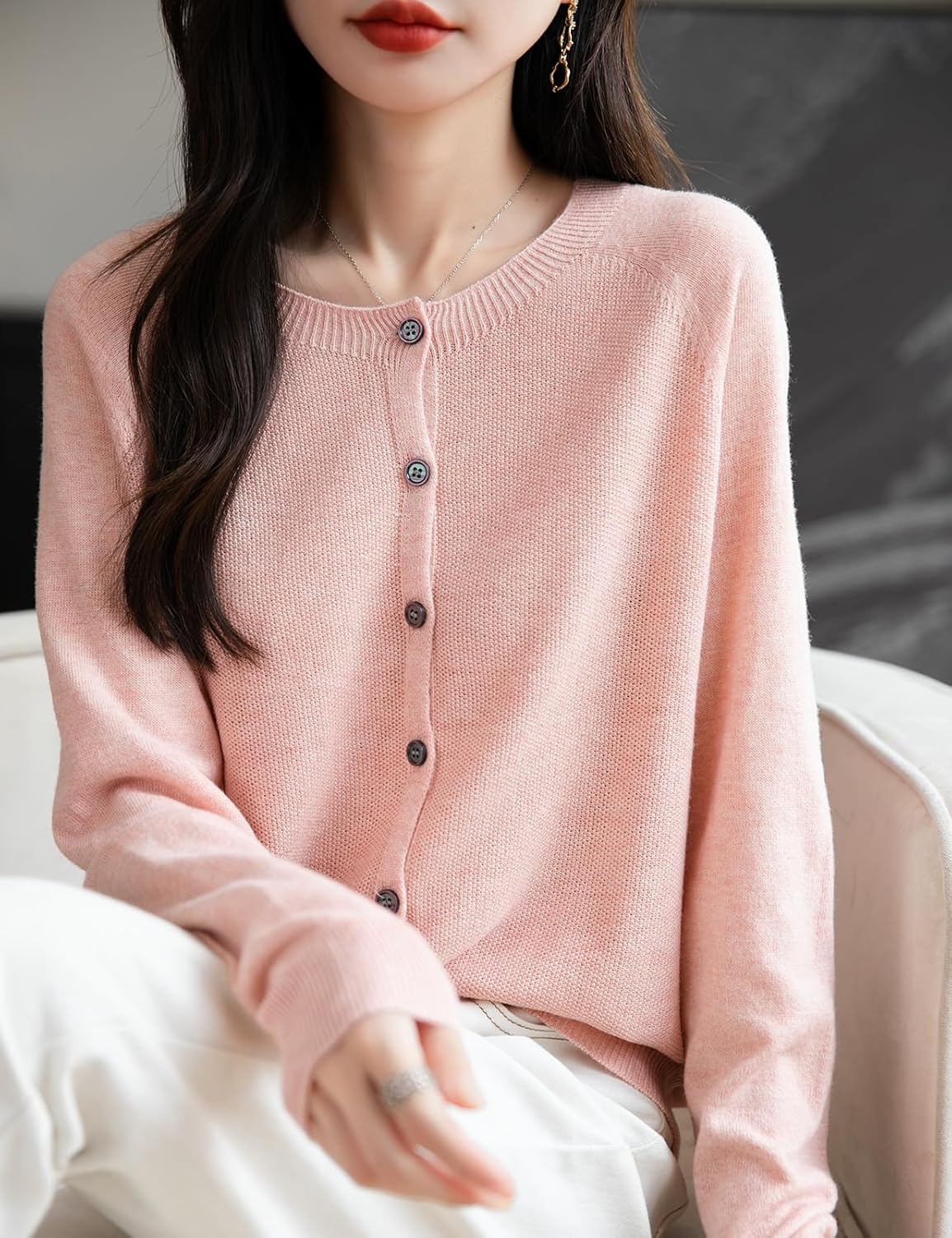 Women's Merino Wool Blend Cardigan Crew Neck Fall Winter Long Sleeve First-Line Ready to Wear Seamless Knit - Image 2