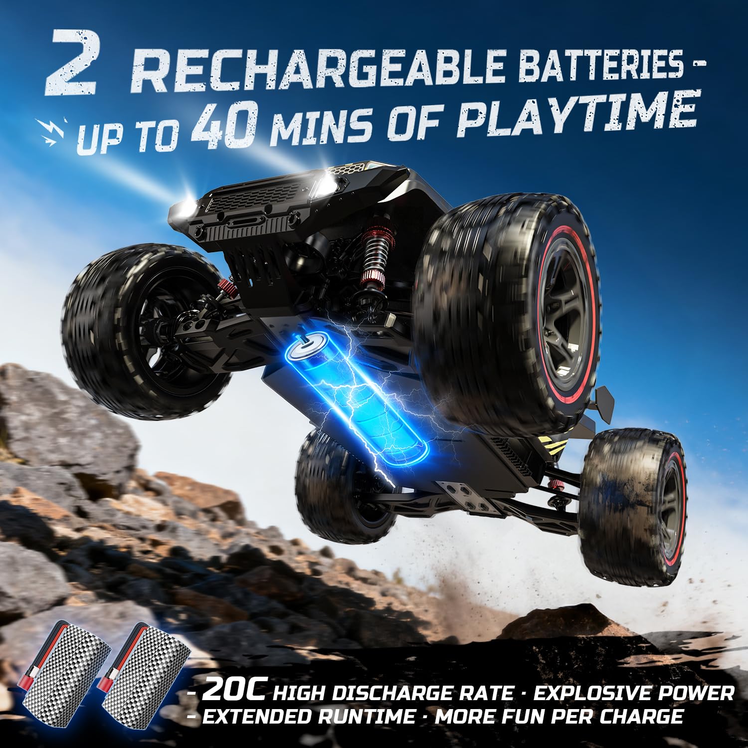 DEERC 1:10 Schnelles bürstenloses RC-Auto für Erwachsene, über 60 km/h, High-Speed-4WD-Offroad-Ferngesteuerter Truck mit 2 * 3S-Akkus und zusätzlichen Schwingarmen, RC-Crawler-Geschenk