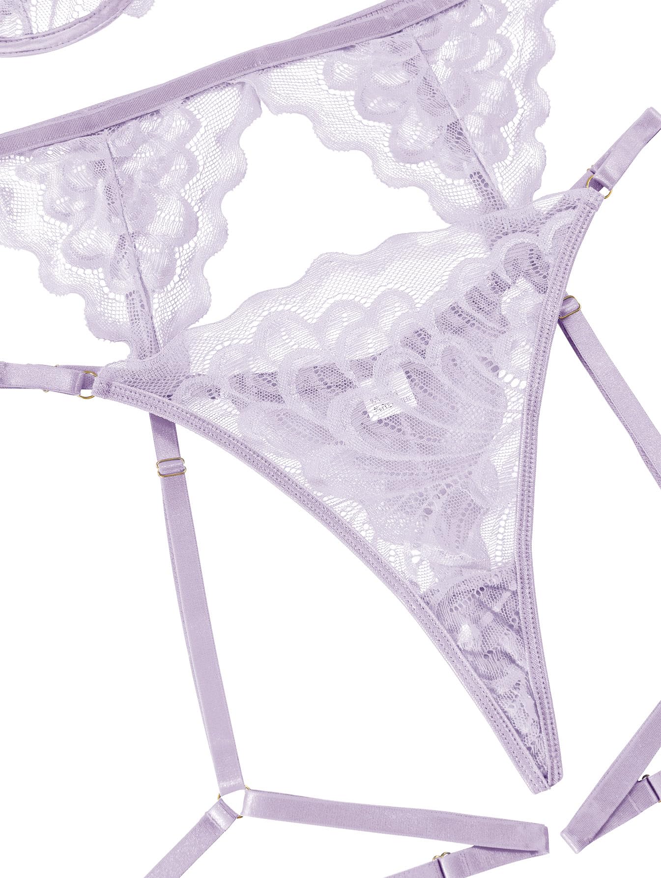 Lilosy Sexy Choker Floral Lace Scallop Sheer Underwire Push Up Garter Belt Lingerie Set 3 Piece: Medium Lavender Purple