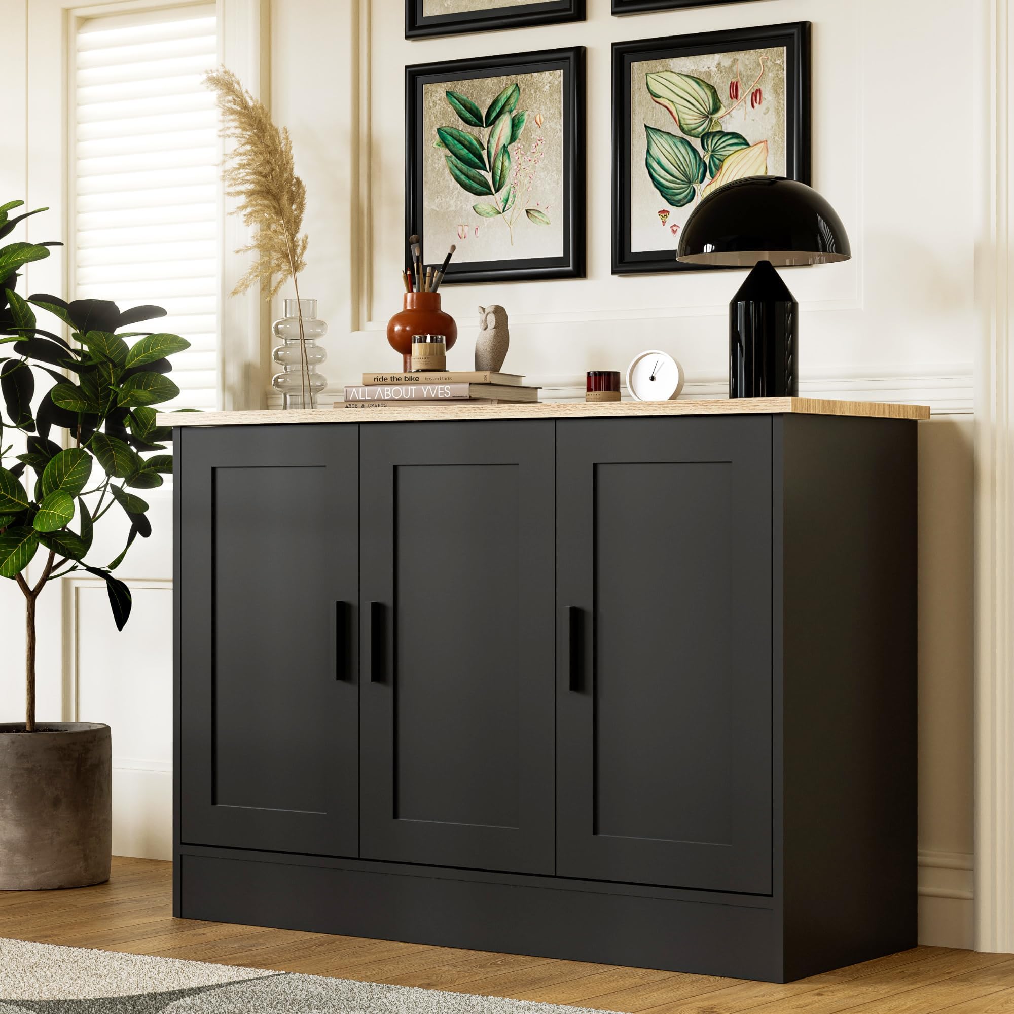 Anystyle Black 3 Door Buffet Cabinet, Coffee Bar Cabinet with Adjustable Shelf, Kitchen Buffet Sideboard for Living Room, Kitchen