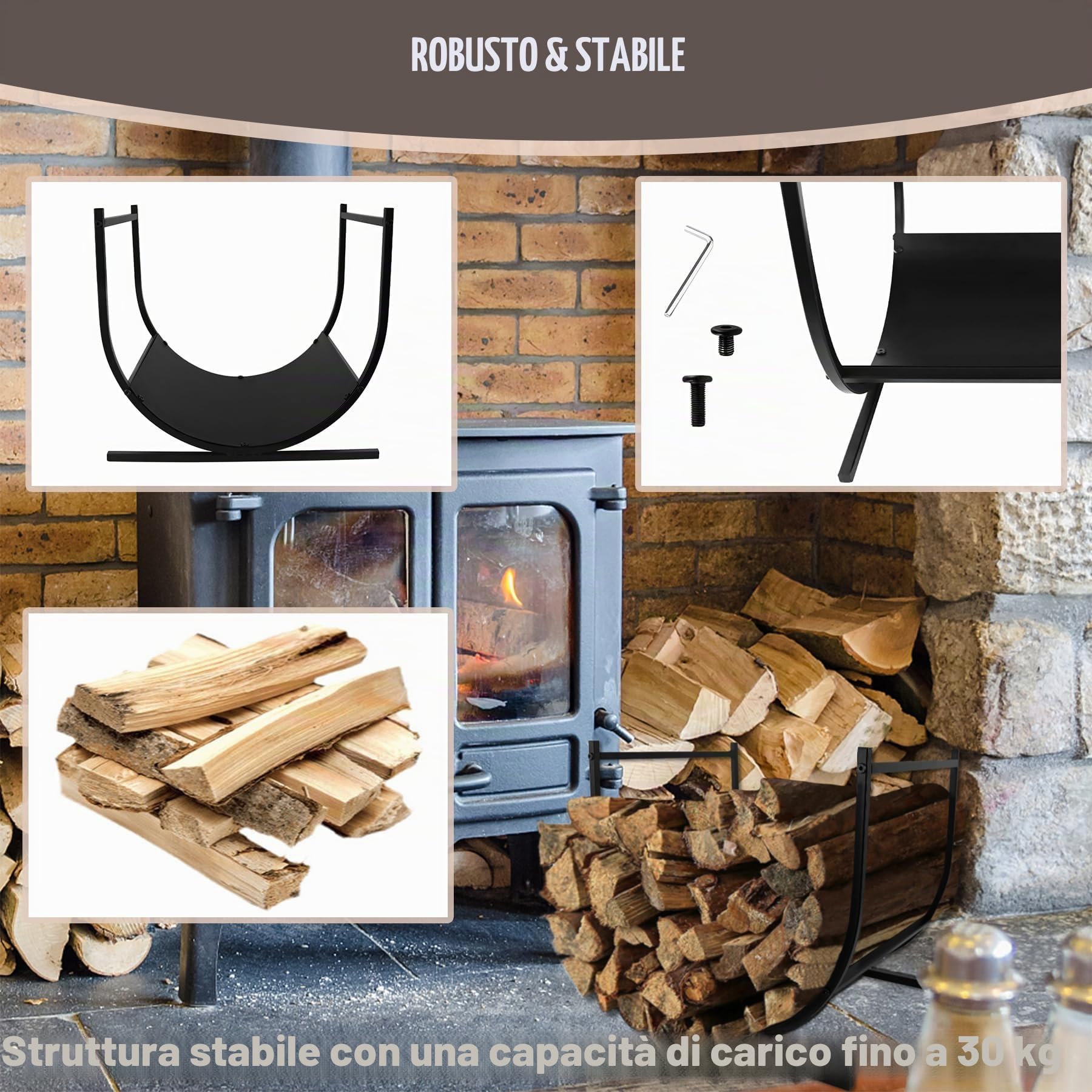 SUBTLETY Scaffale per legna da ardere, in metallo, a forma di U, per tronchi di legno, per interni ed esterni, per legna da ardere (44 x 37 x 40 cm)