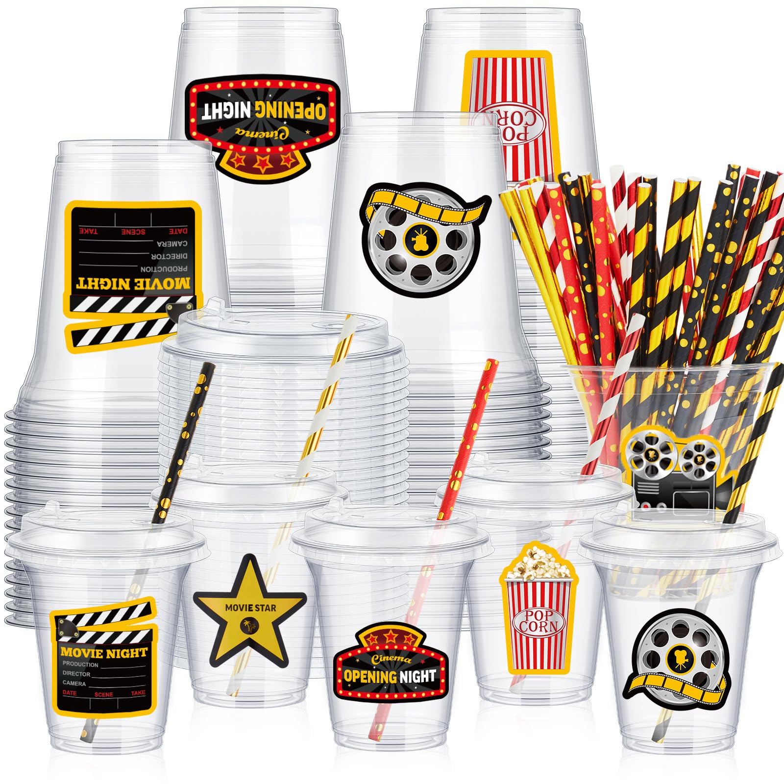 Boao 36 Sets Movie Night Party Cups with Lids and Paper Straws 14 oz Movie Night Birthday Party Supplies Favors Disposable Clear Plastic Cups Bulk