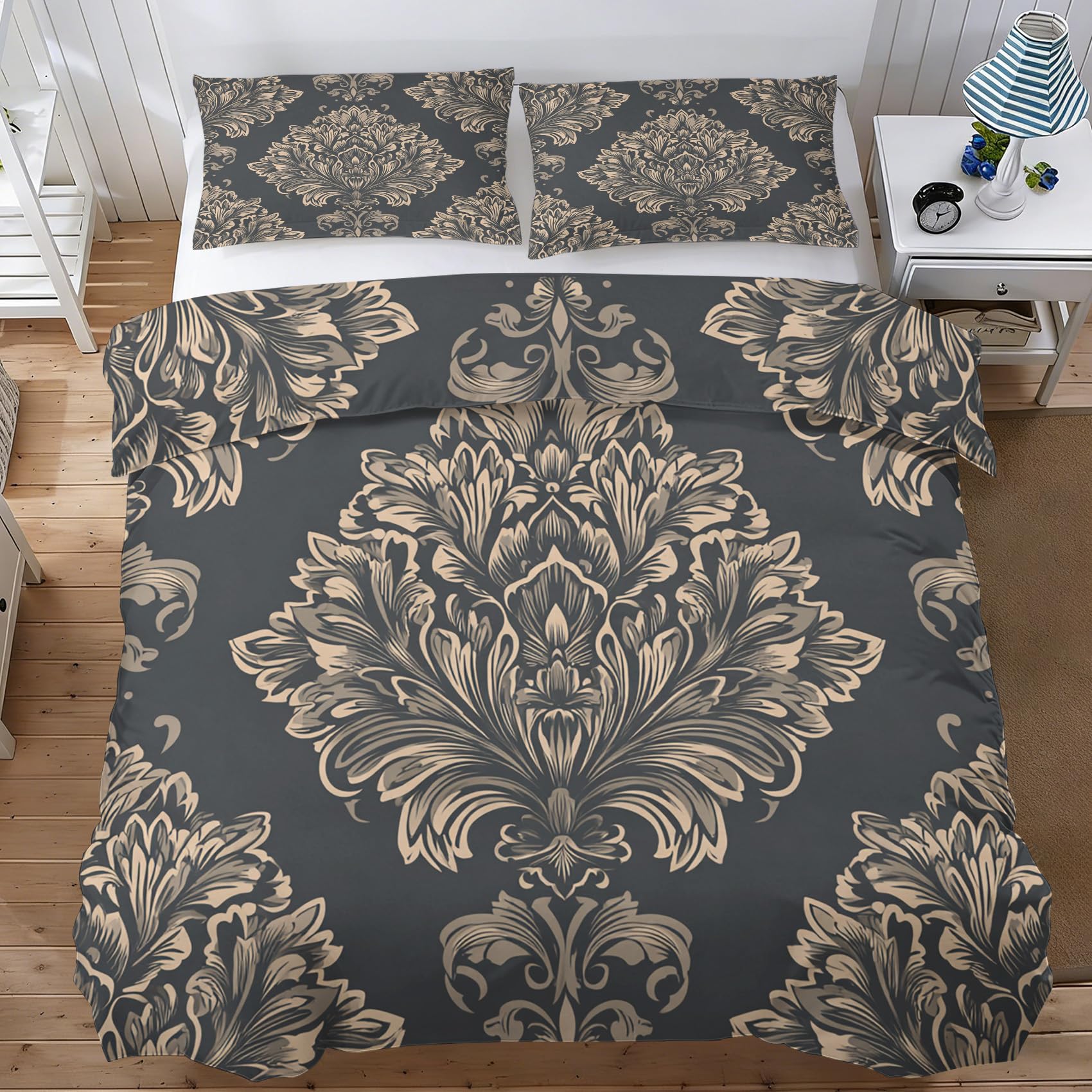 Damask Emperor Duvet Cover Sets, Black Gold Baroque Bedding Sets Double-Sided Printing, Soft Microfiber Quilt Cover With Zip Fastening + 2 Pillowcase, 290x235 wl190