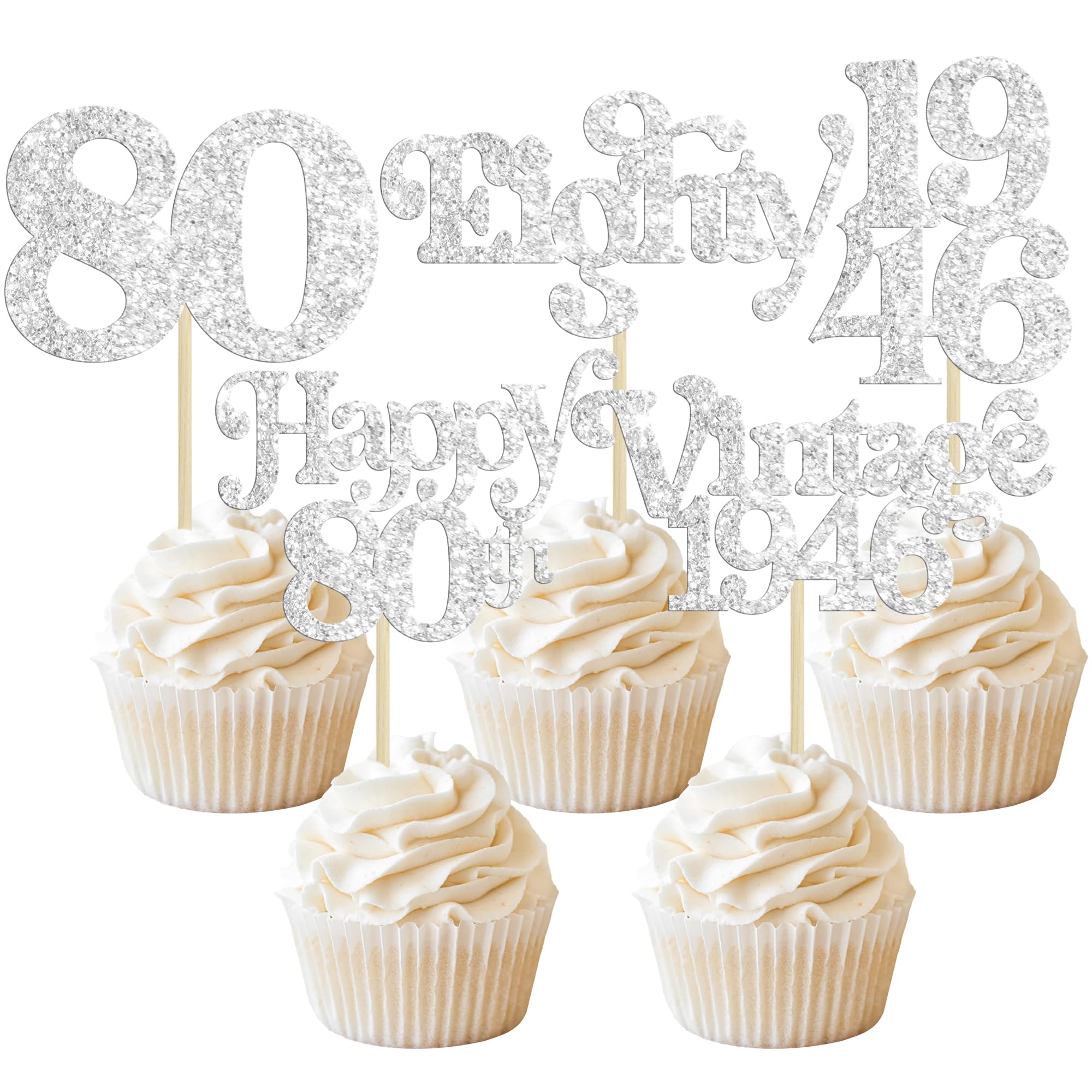 Gyufise 30Pcs 80th Birthday Cupcake Toppers Glitter Vintage 1946 Cheers to 80 Fabulous Eighty Cupcake Picks 80th Birthday Wedding Anniversary Party Cake Decorations Supplies Silver