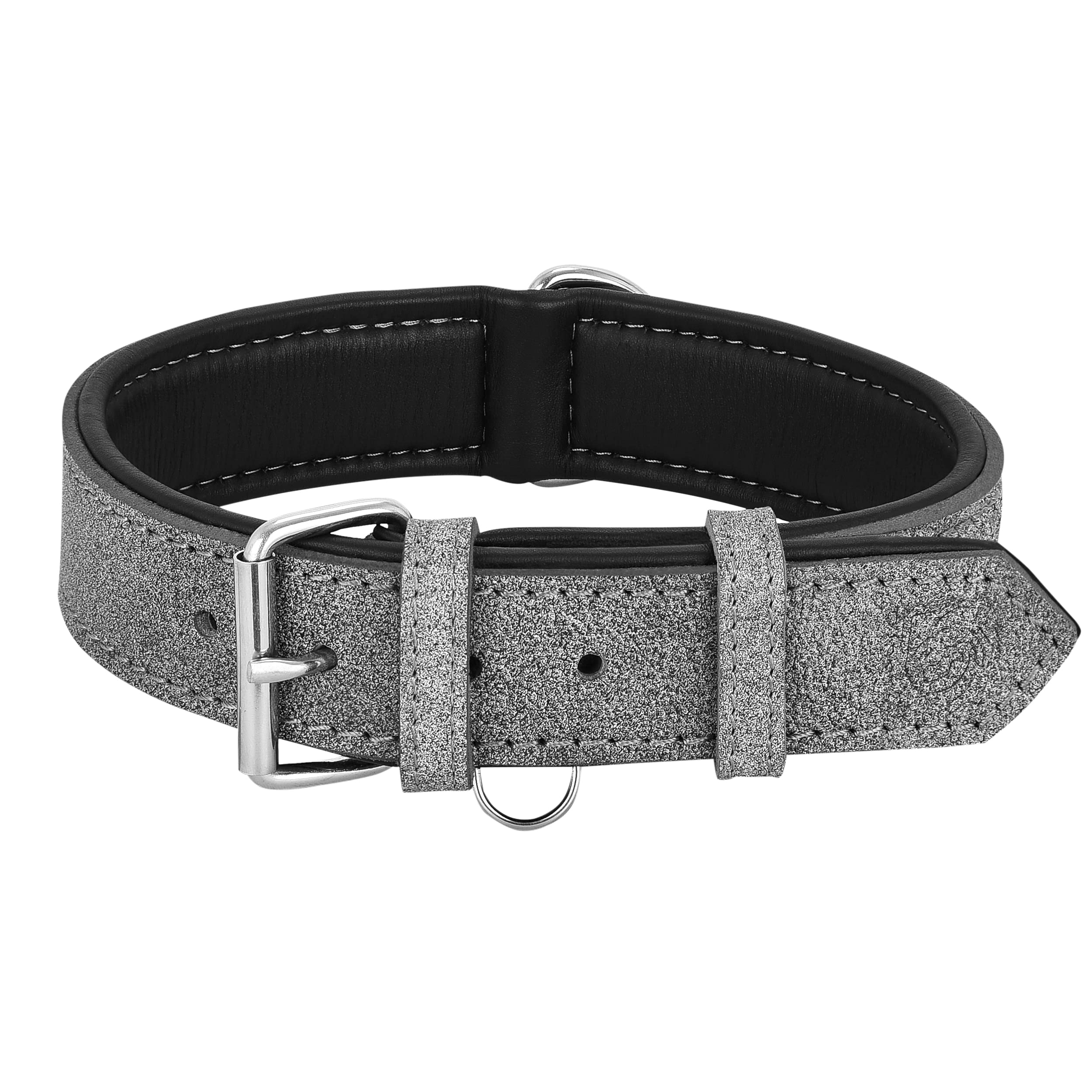 Riparo K-9 Dog Collar, Dog Accessories, Padded, Genuine Leather, Adjustable, Heavy Duty (XL: 4.5 cm wide for 55.9-63.5 cm neck, grey/white thread)