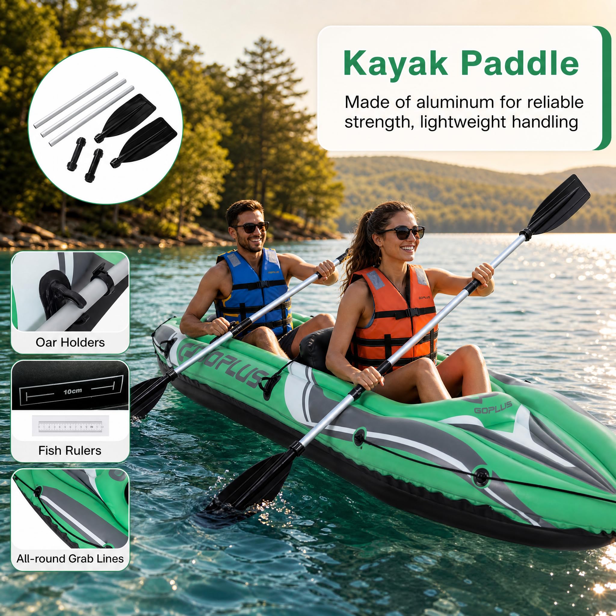 GOPLUS Kayak Hinchable para 2 Personas con Remos | Barca Inflable para Pesca con 2 Asientos, Bomba Manual, Regla para Pescar, Carga de 160 kg, Kit de Reparación