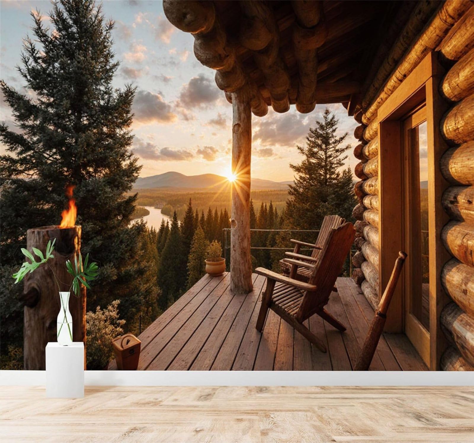 XLMING Sunset Mountains Pine Forest Scenery Wooden Cottage Porch 3D Wallpaper Premium Textured Silk Study Dining Living Room Bedroom Sofa TV Wall Easy Install-350cm×256cm