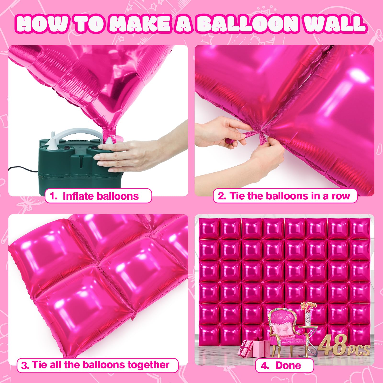 NISOCY 48 globos cuadrados de papel de aluminio rosa intenso, telón de fondo de pared de doble cara, kit de arco de túnel de globo rojo rosa para cumpleaños, San Valentín, boda, aniversario, despedida
