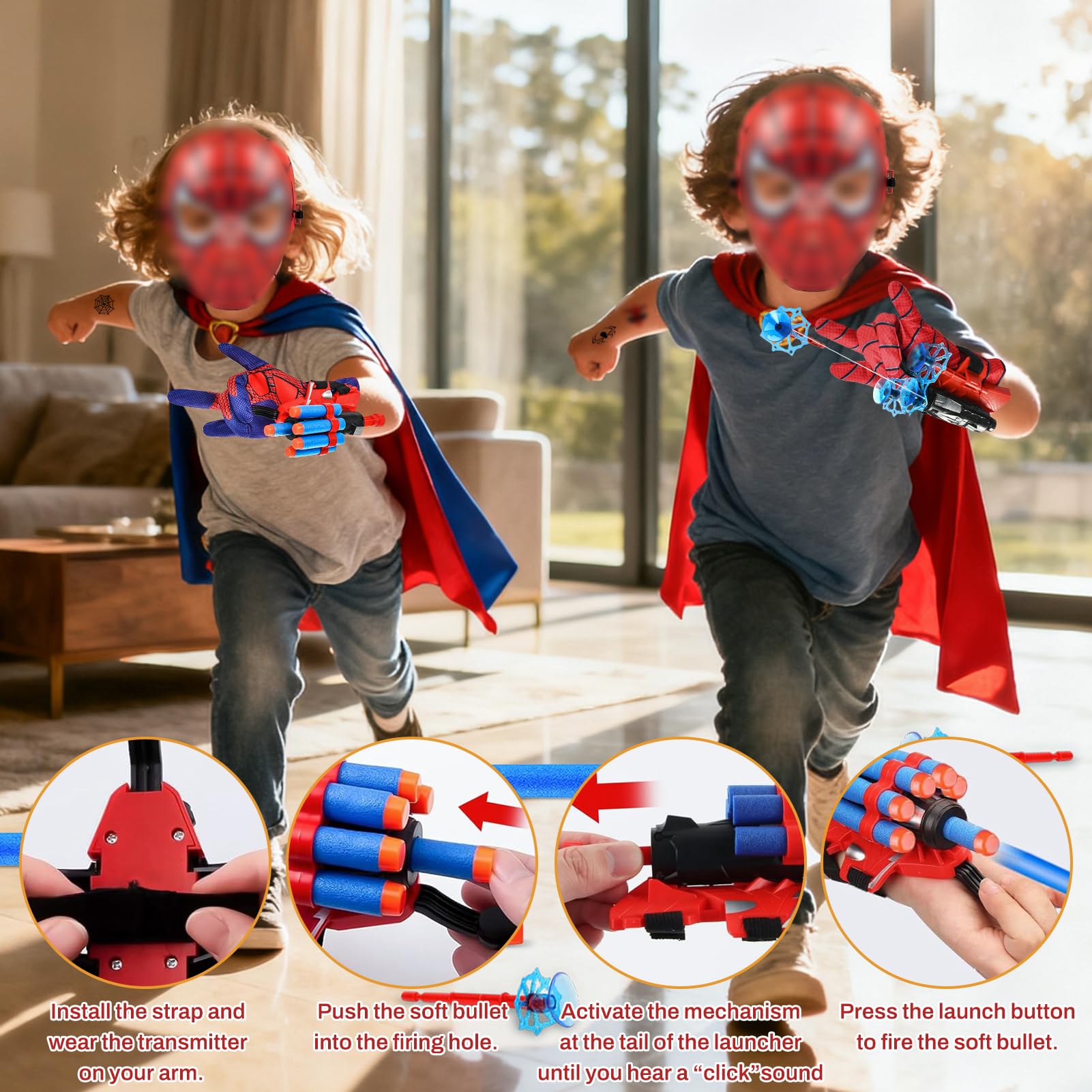 WYFDCZZP Set di 2 Spiderm Guanti per Bambino,Guanti Maschera Spiderm Spara Ragnatele Launcher Set,Giocattolo da Polso Web Launcher Toy,Giochi Bambino 5-10 Anni (A)
