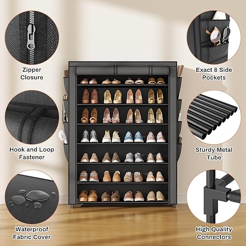 Miniatura 5 de VTRIN Zapatero con tapa, organizador de zapatos de 7 niveles para 35-40 pares de zapatos y botas, estante alto de gran capacidad con 8 bolsillos,