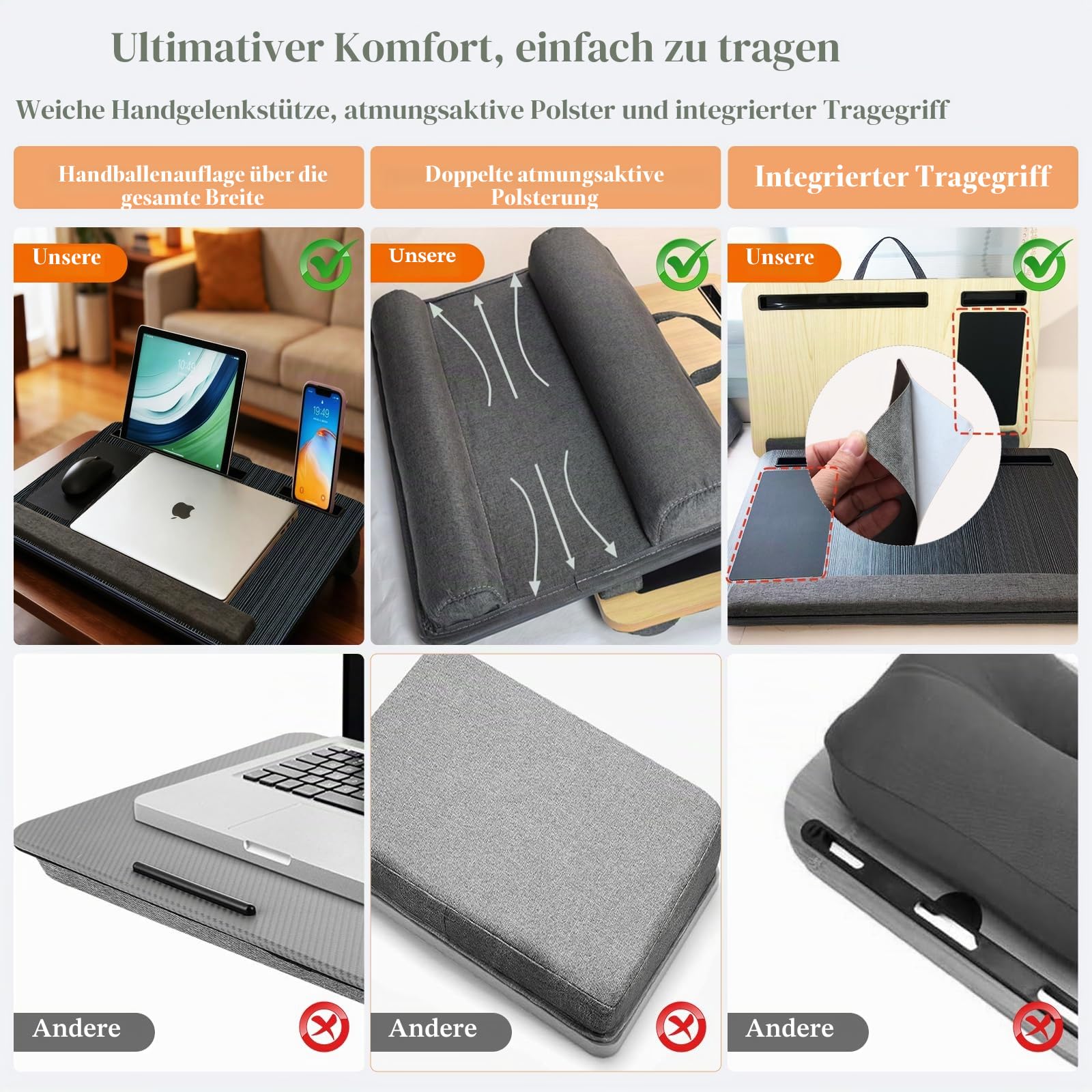 Laptopunterlage 55x34cm für Heim Bett Sofa mit Knietablett mit Kissen,Handgelenkauflage Handyhalter, Laptop Kissen für max 17.3” Notebook, mit mini-klappbarem Gerätehalterr (Schwarz)