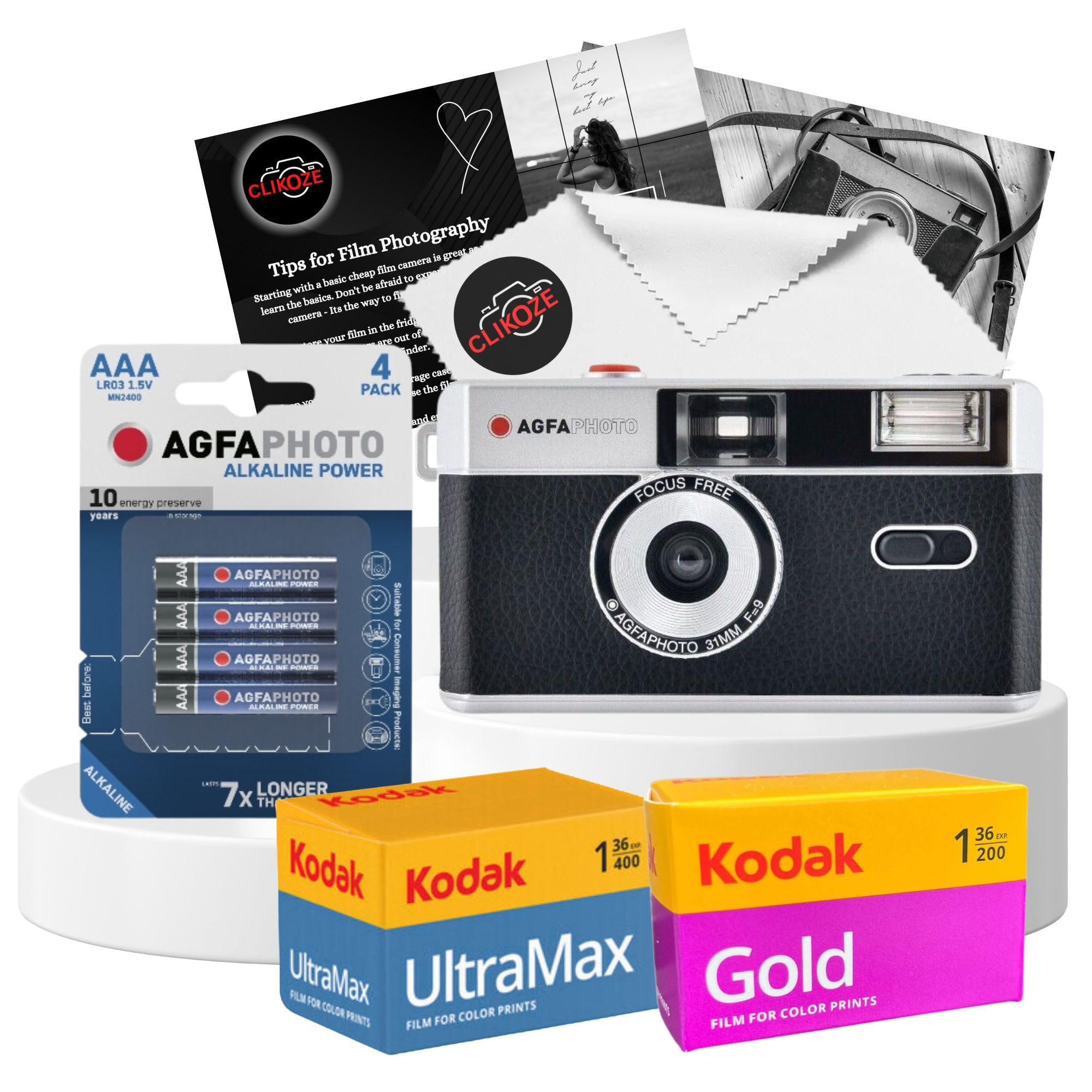 Set di fotocamere da 35 mm con fotocamera AgfaPhoto riutilizzabile da 35 mm, pellicola per fotocamera Kodak Ultramax 400 36 exp, Kodak Gold 200 36 exp, batteria e panno per obiettivo Clikoze con