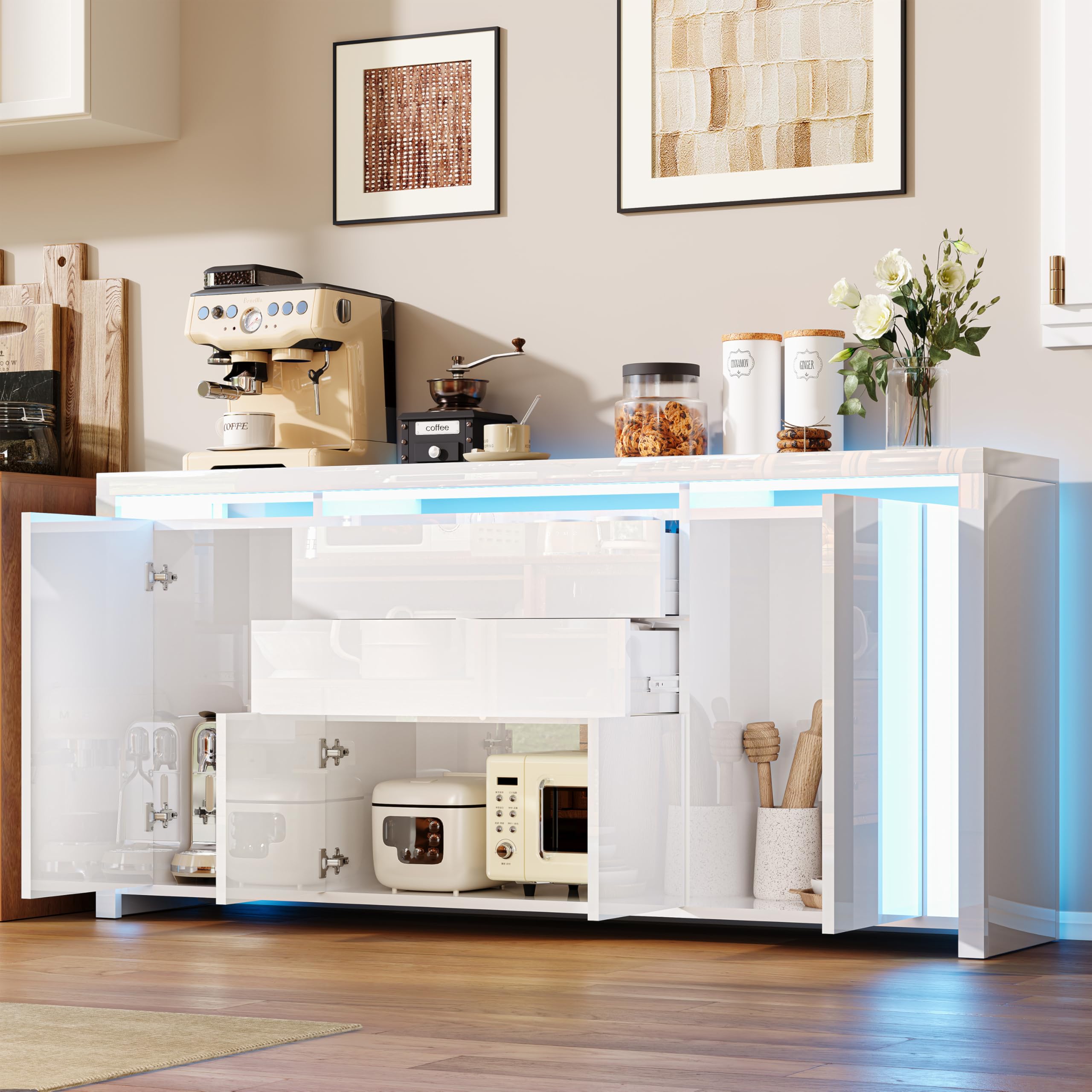 Comò bianco lucido con illuminazione a LED, credenza moderna con 2 cassetti e 4 armadi, armadietto per corridoio, buffet, TV, soggiorno, camera da letto, ufficio, corridoio