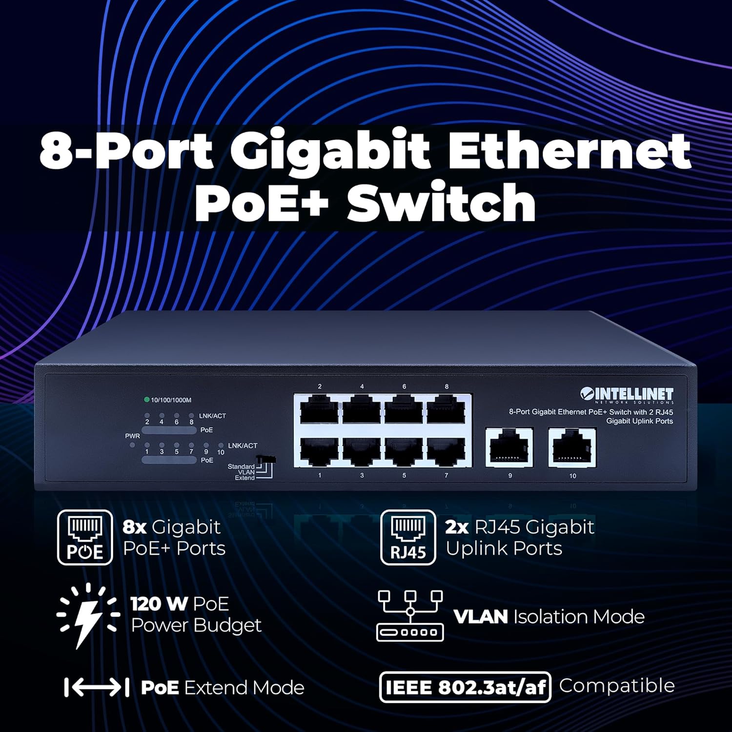 Intellinet 8-Port Gigabit Ethernet PoE+ Switch with 2 RJ45 Gigabit Uplink Ports,120W Power Budget, Manual VLAN Mode, Endspan, Self-Healing Network, Desktop - 3 Yr Mfg Warranty - 561402