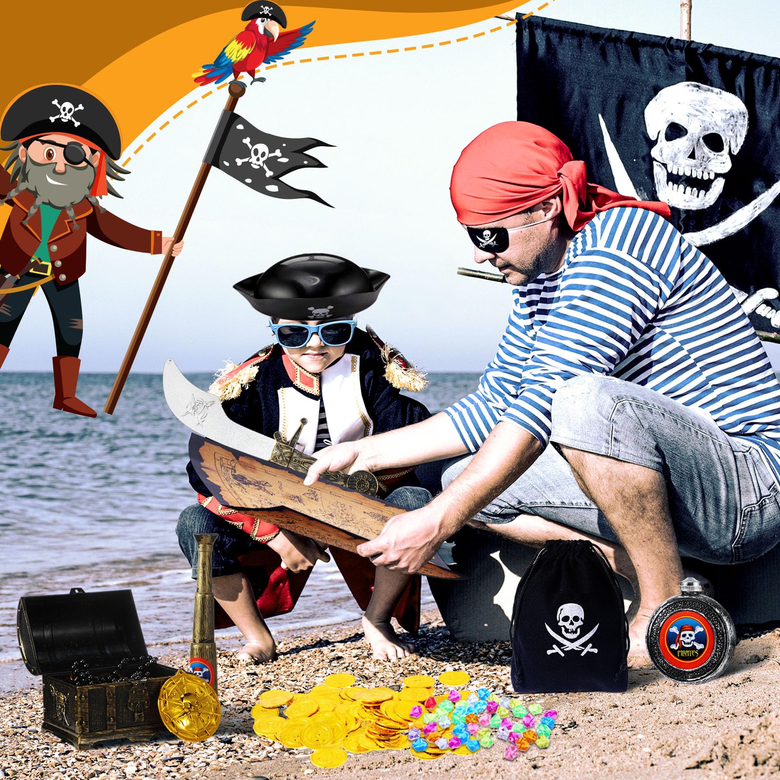 116 Pieces Pirate Treasure Toys, Pirate Treasure Box with Coins Jewels Gems and Pirate Map Compass Telescope for Boy Girl Halloween Cosplay Props Pirate Theme Party Decoration Favor (Cute Style)