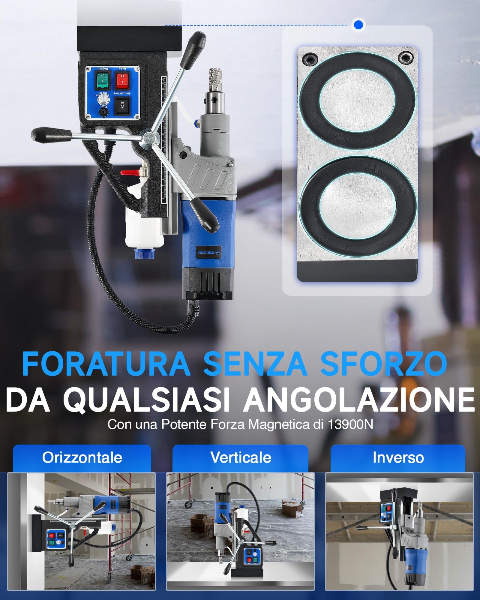 ZELCAN 1550W Trapano a Colonna Magnetico con 11 Punte 13000N Trapano Magnetico a Foratura di 50mm Corsa di 23cm 580 rpm Controllo Reversibile Velocità Continuo per Superfici Metalliche