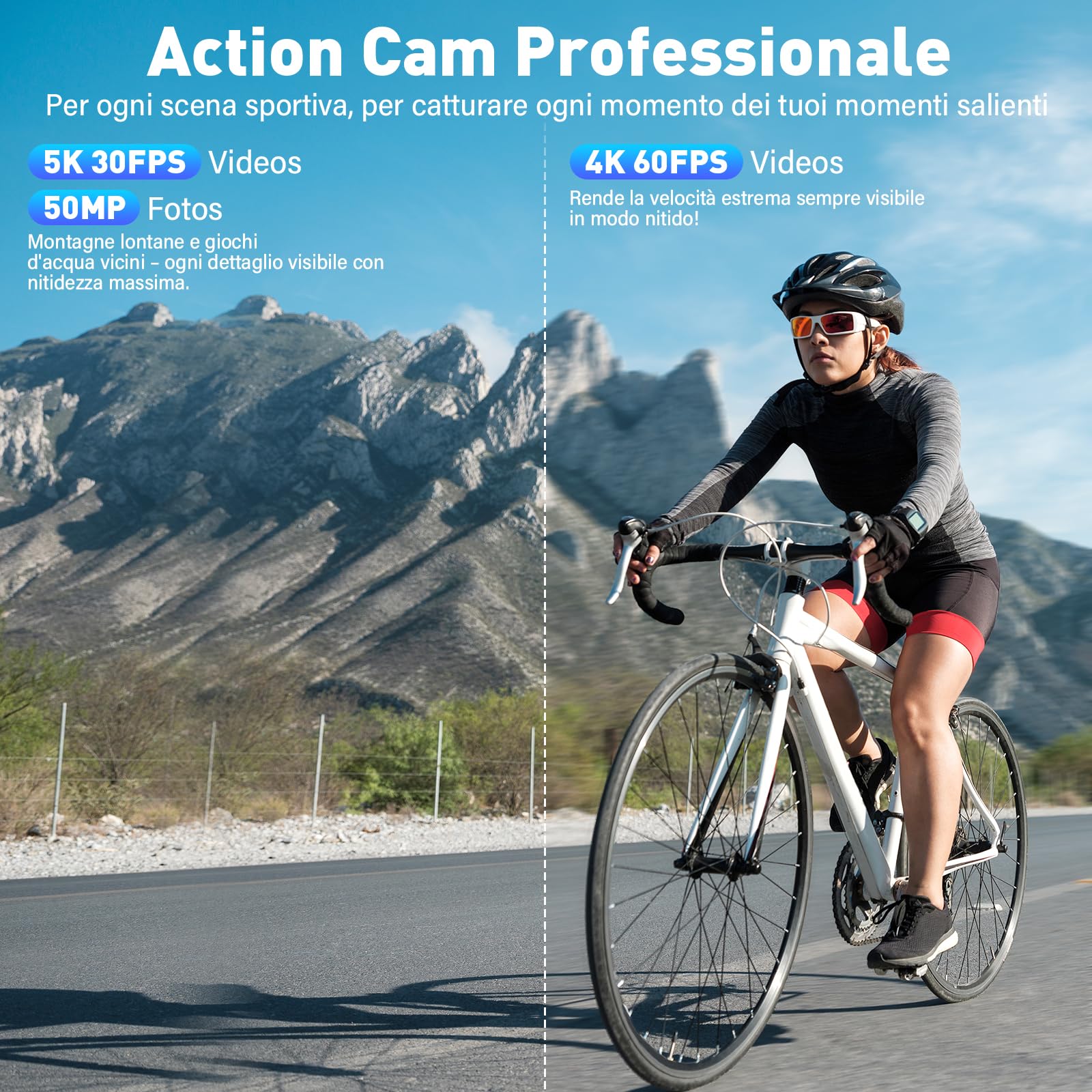Action Cam 5K/4K 50MP Fotocamera Subacquea con scheda SD da 64 GB, Dual Screen Videocamera con Stabilizzatore EIS, WiFi, 2 Batterie, Grandangolo 170° per Immersioni, Vlog, telecamera moto
