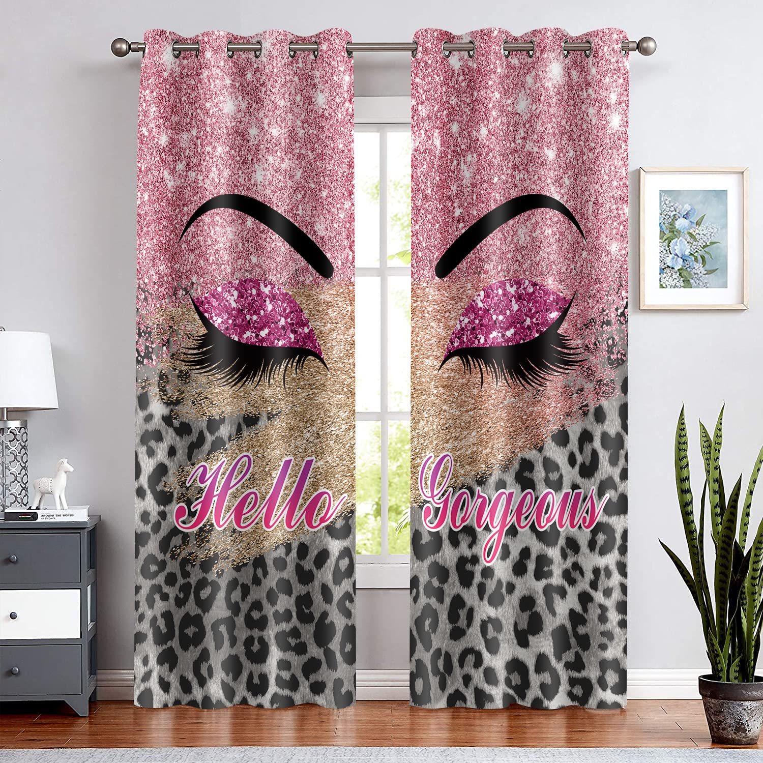 BSPPTI Hello Gorgeous Unicorn Eyelash Print Curtain, Pink Eyes Leopard Print Splicing Room Darkening Thermal Insulated Blackout Window Drapes for