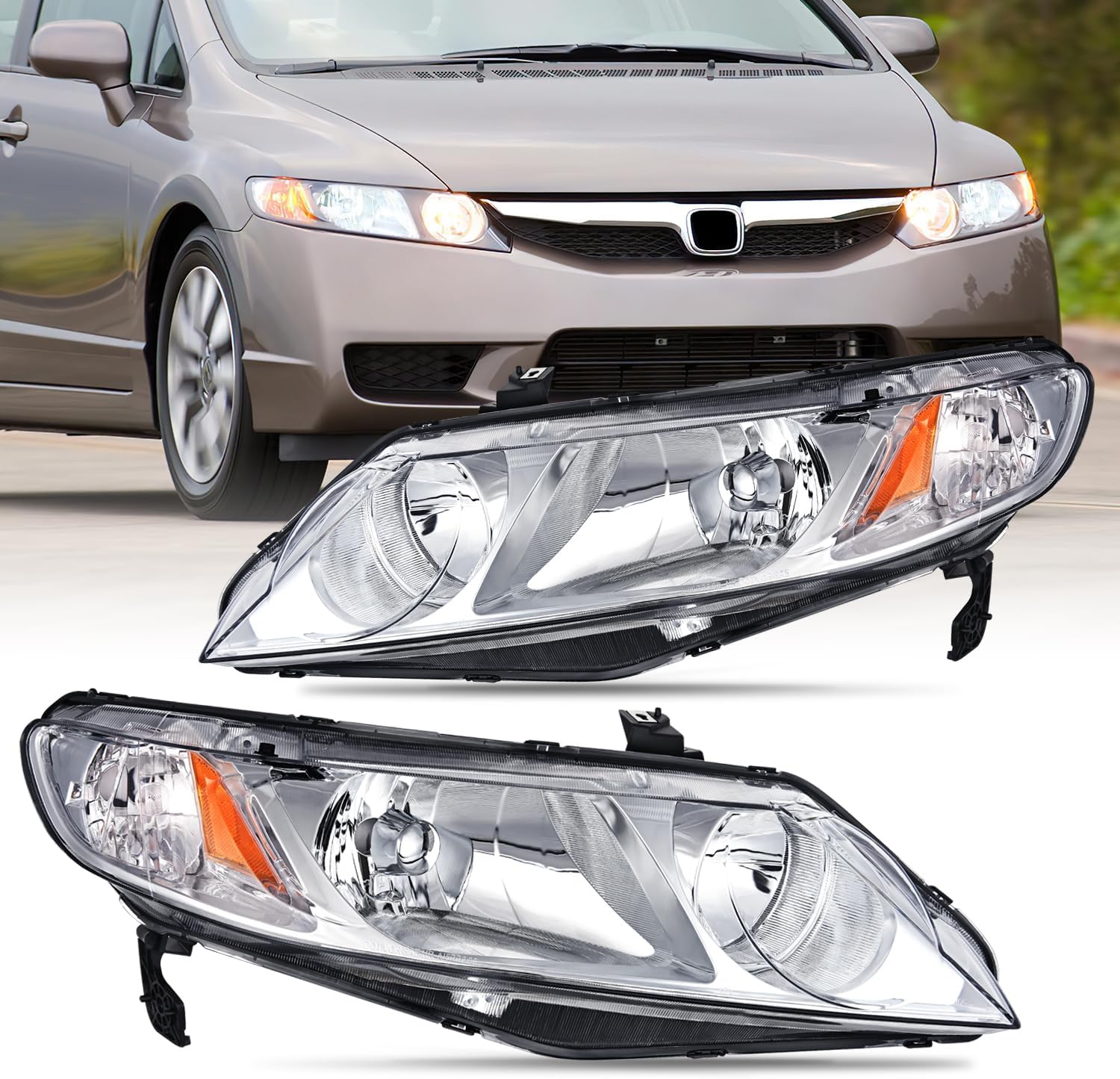 Headlight Assembly Compatible with 2006 2007 2008 2009 2010 2011 Honda Civic 4 Door Headlamps Replacement Chrome Housing Amber Reflector Clear Lens Driver and Passenger Side, 2 Years Warranty