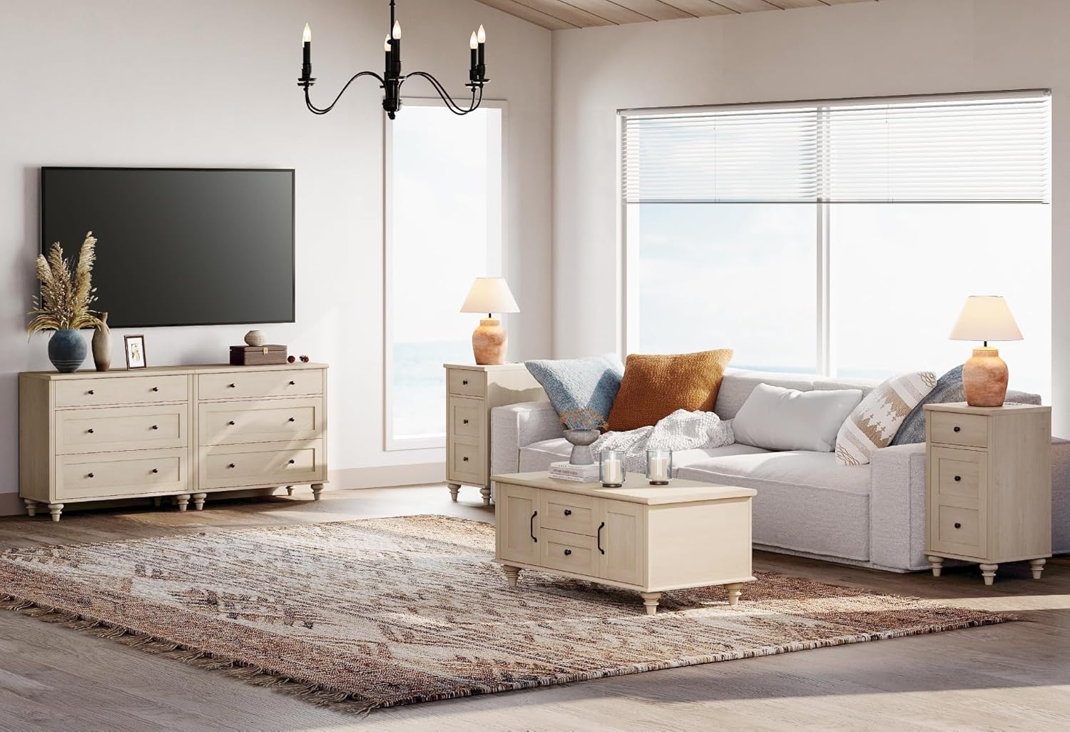 WAMPAT Farmhouse TV Stand for TVs UP to 75 Inch, Wood Dresser Table with 6 Drawers, Mid Century Modern Wooden Closet for Bedroom & Living Room, Light Beige
