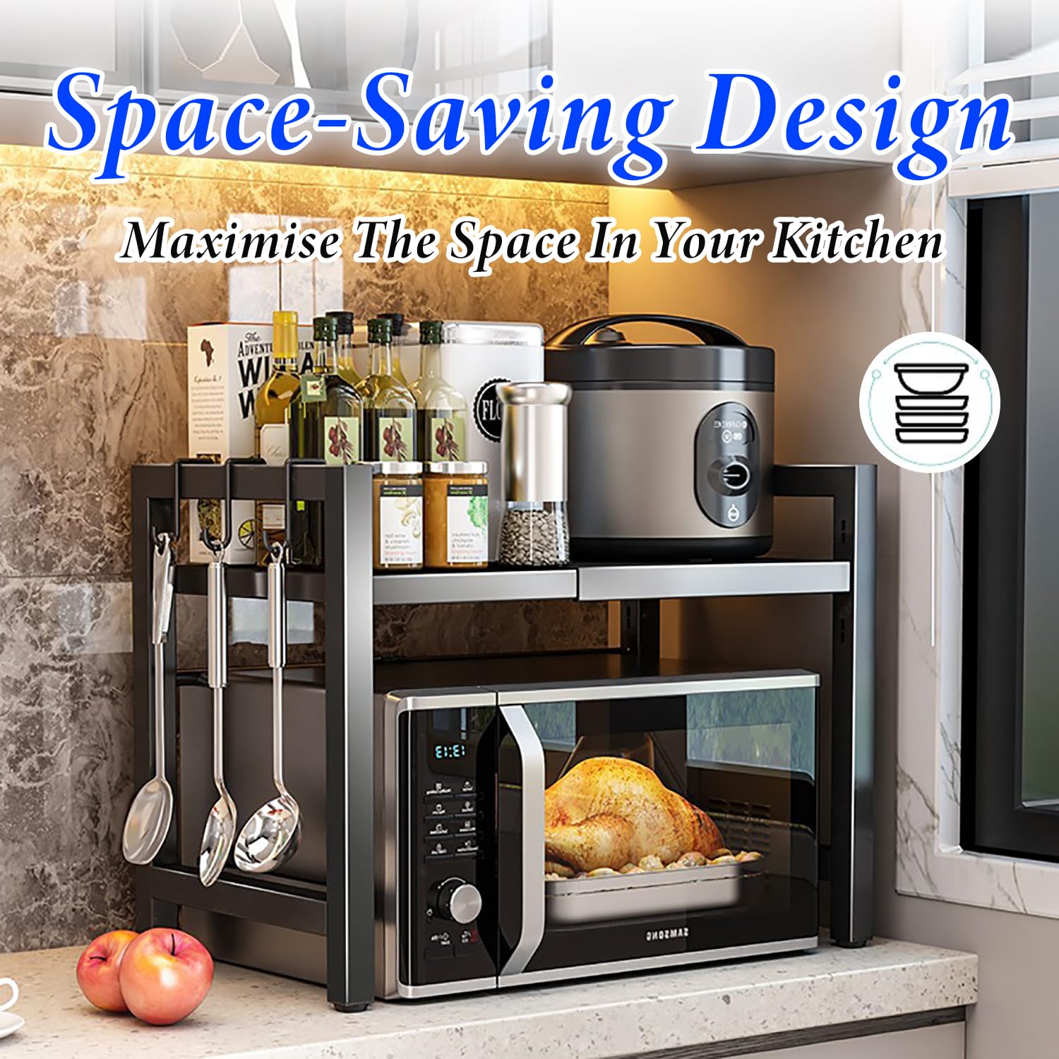 Mensola Microonde Regolabile 2 Livelli, Scaffale Cucina Salvaspazio con Supporto per Microonde, Estensibile da 40 a 64 cm, con 6 Ganci Rimovibili, Ripiano per Microonde per Cucina(Grigio)