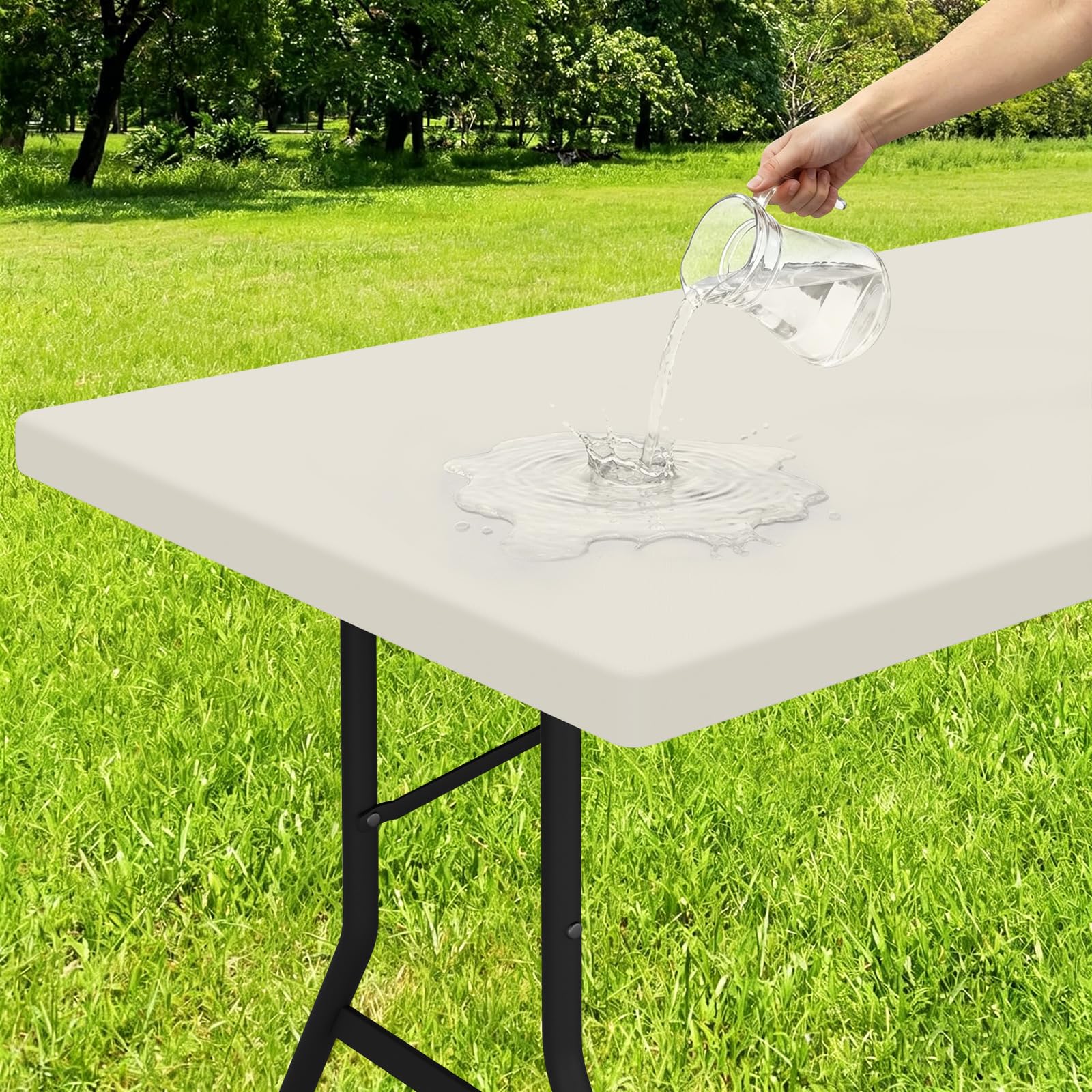 Photo 1 of Smiry Rectangle Tablecloth, Elastic Fitted Flannel Backed Vinyl Tablecloths for 4ft Folding Tables, Waterproof Wipeable Table Covers for Indoor, Outdoor, Picnic and Camping (Beige, 24"x48")
