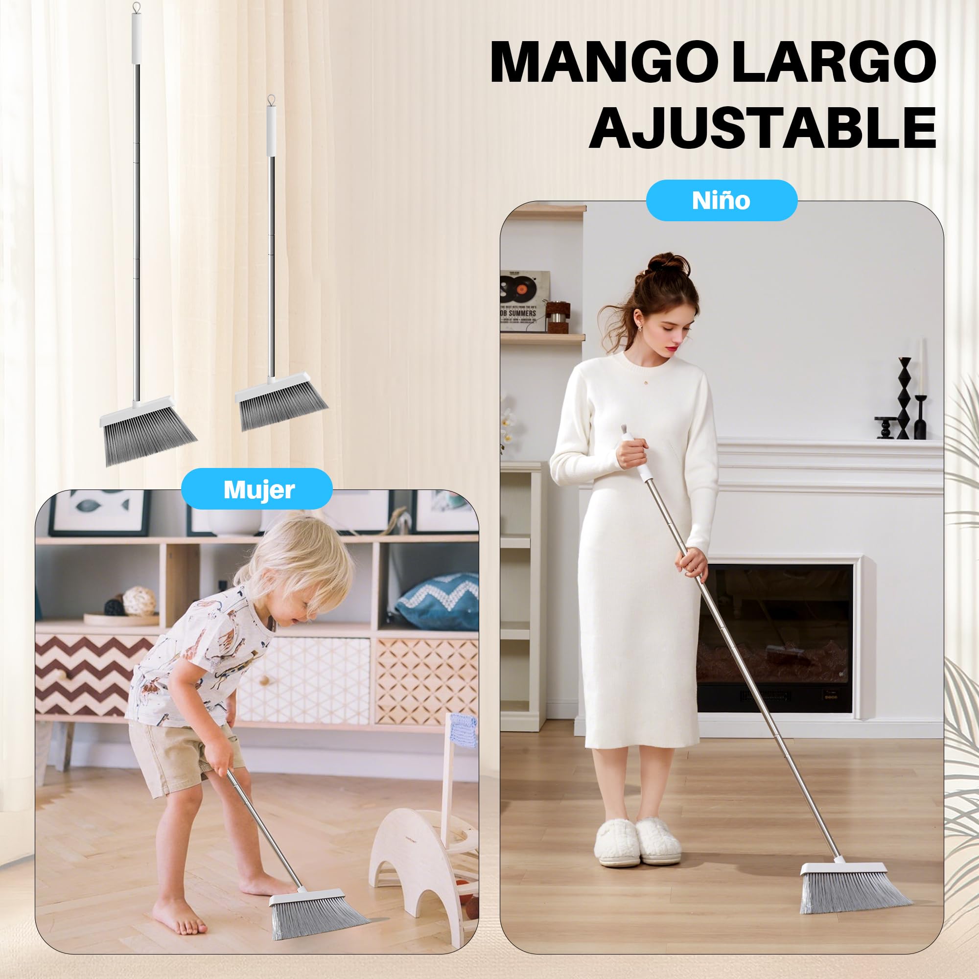 JOYMOOP Set Escoba y recogedor, recogedor y Cepillo con Mango Largo, Escoba sin Necesidad de agacharse para Uso Interior y Exterior, Blanco y Gris
