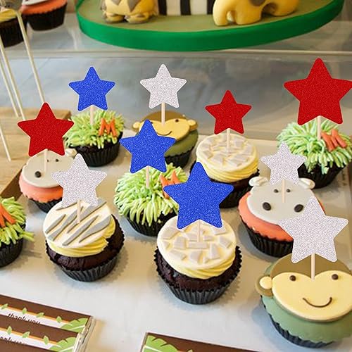 Miniatura 4 de 30 piezas de decoración para cupcakes del Día de la Independencia con purpurina azul, rojo y plateado centelleante de estrella, para bodas,