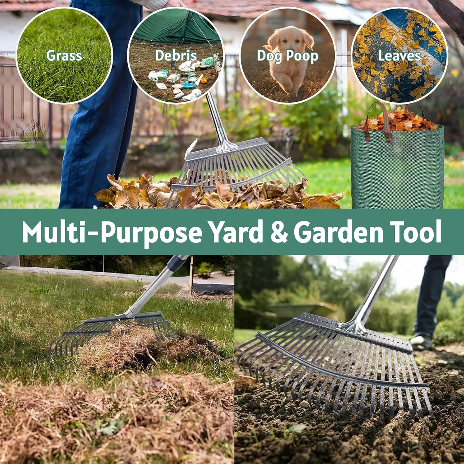 Garden Rake for Leaves with Leaf Bag & Gloves - 65 Inch Adjustable 25 Tines Metal Rake Set with 72 Gallon Reusable Yard Waste Bags for Gardening Lawns Outdoor Camping Shrub Grass Bush