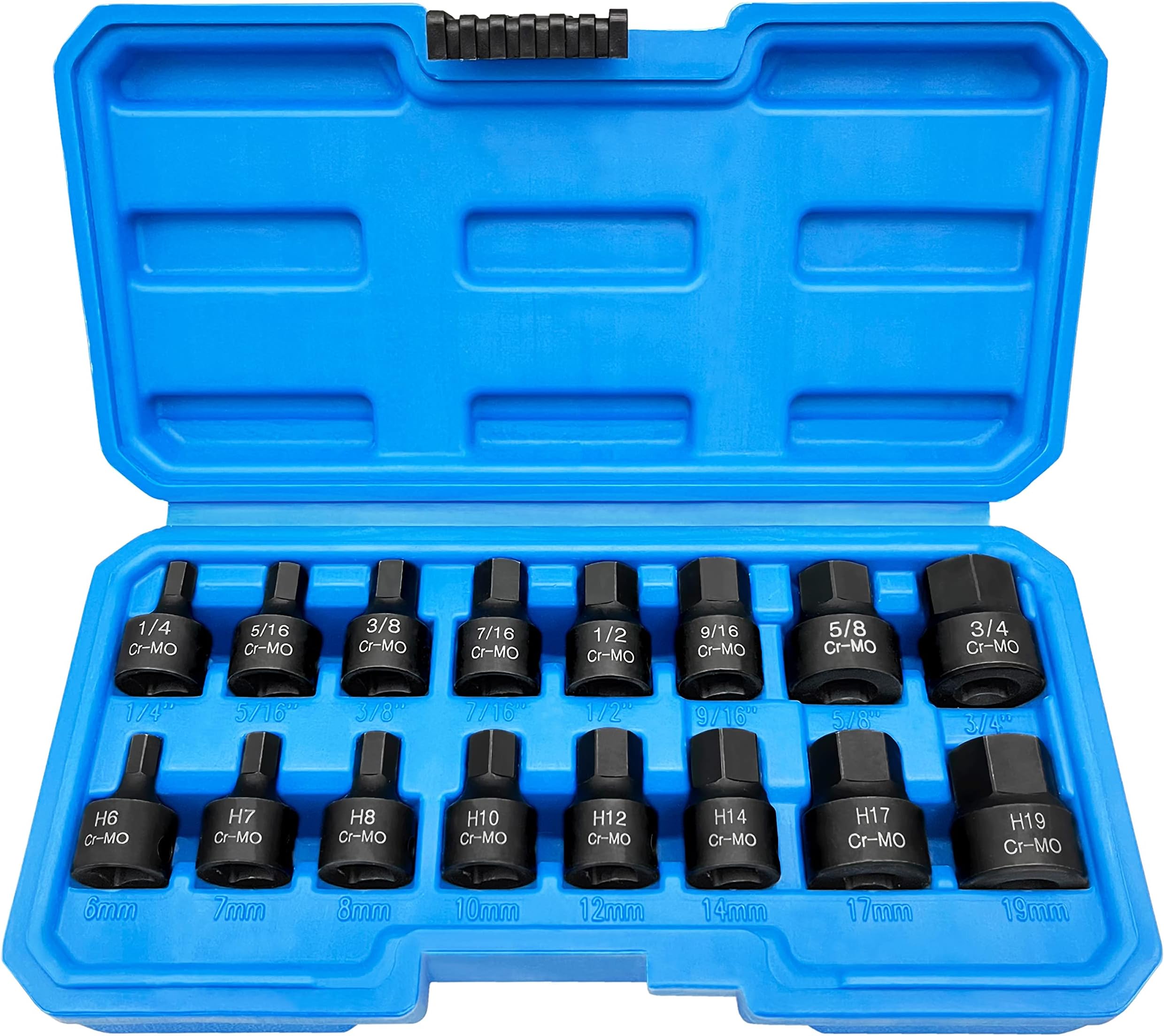 16Pcs Low Profile Impact Hex Driver Set, Premium Cr-Mo Steel | SAE 1/4 Inch-3/4 Inch | Metric 6mm-19mm | 3/8-Inch Drive | Enhanced Storage Case