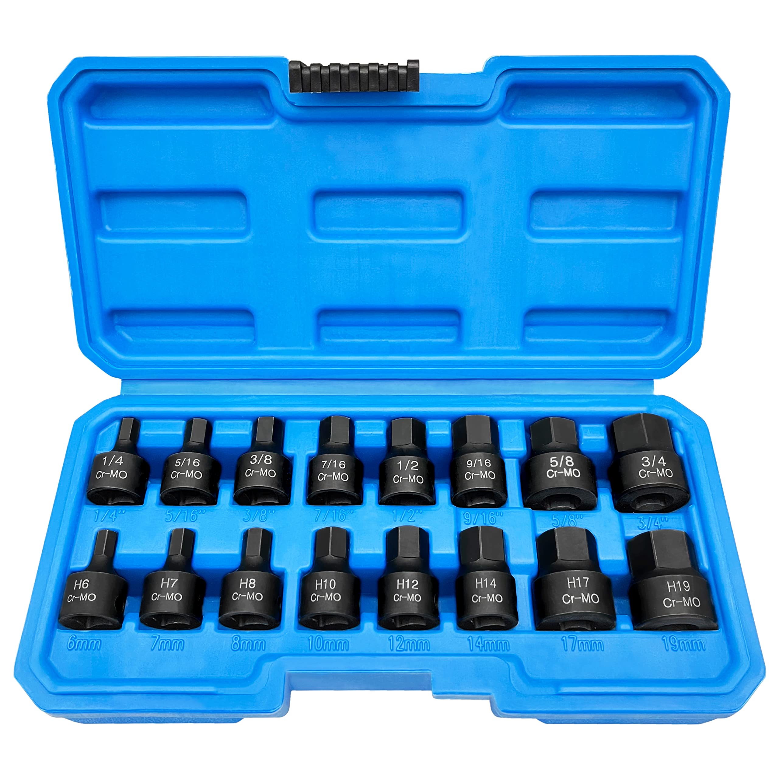 16Pcs Low Profile Impact Hex Bit Drive Set, Premium Cr-Mo Steel | SAE 1/4 Inch-3/4 Inch | Metric 6mm-19mm | 3/8-Inch Drive | Enhanced Storage Case